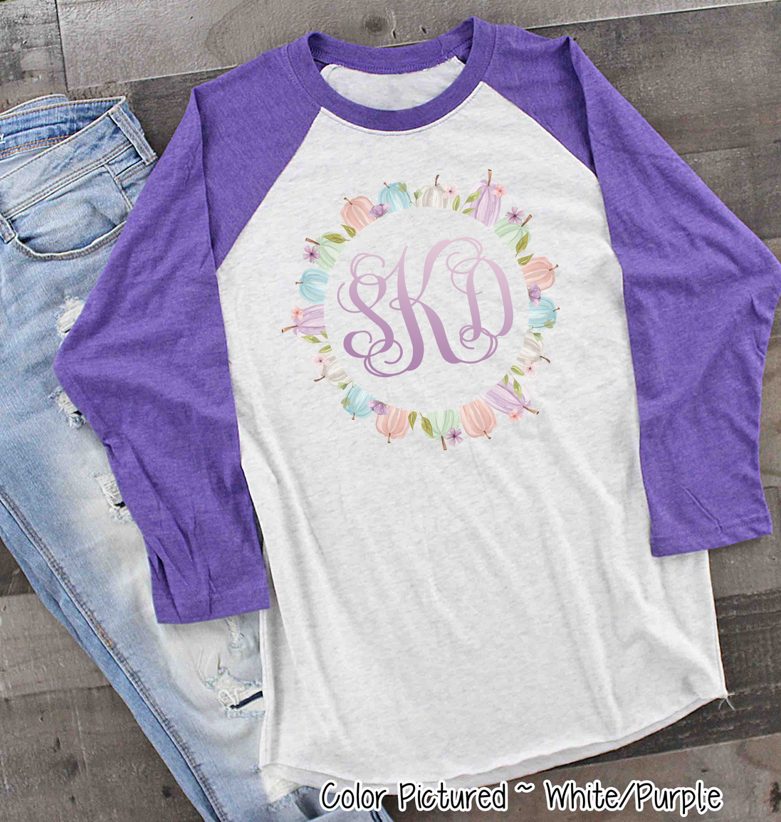 Monogram Pastel Pumkin Wreath Raglan Tee