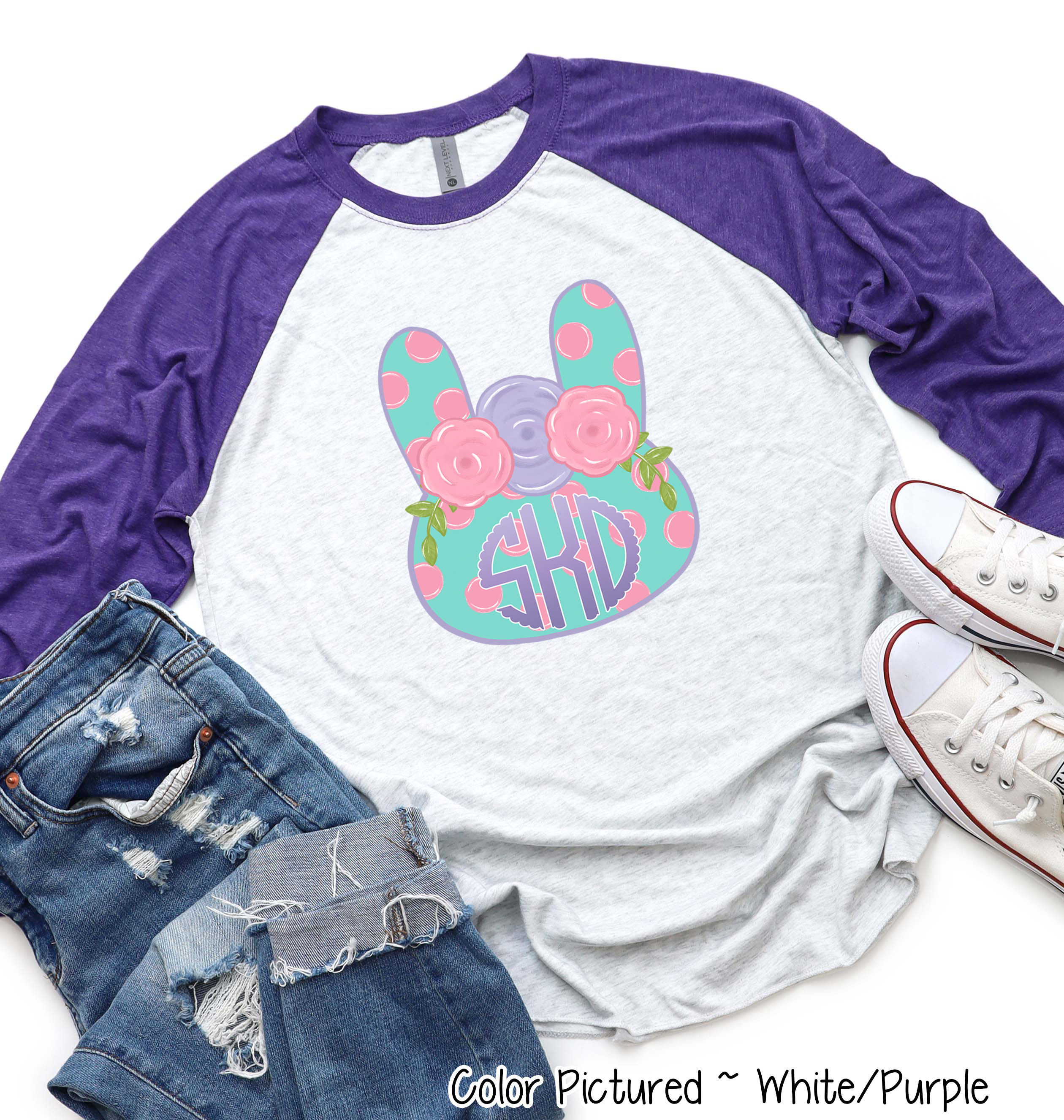 Monogram Polka Dot Bunny Head Easter Raglan Tee