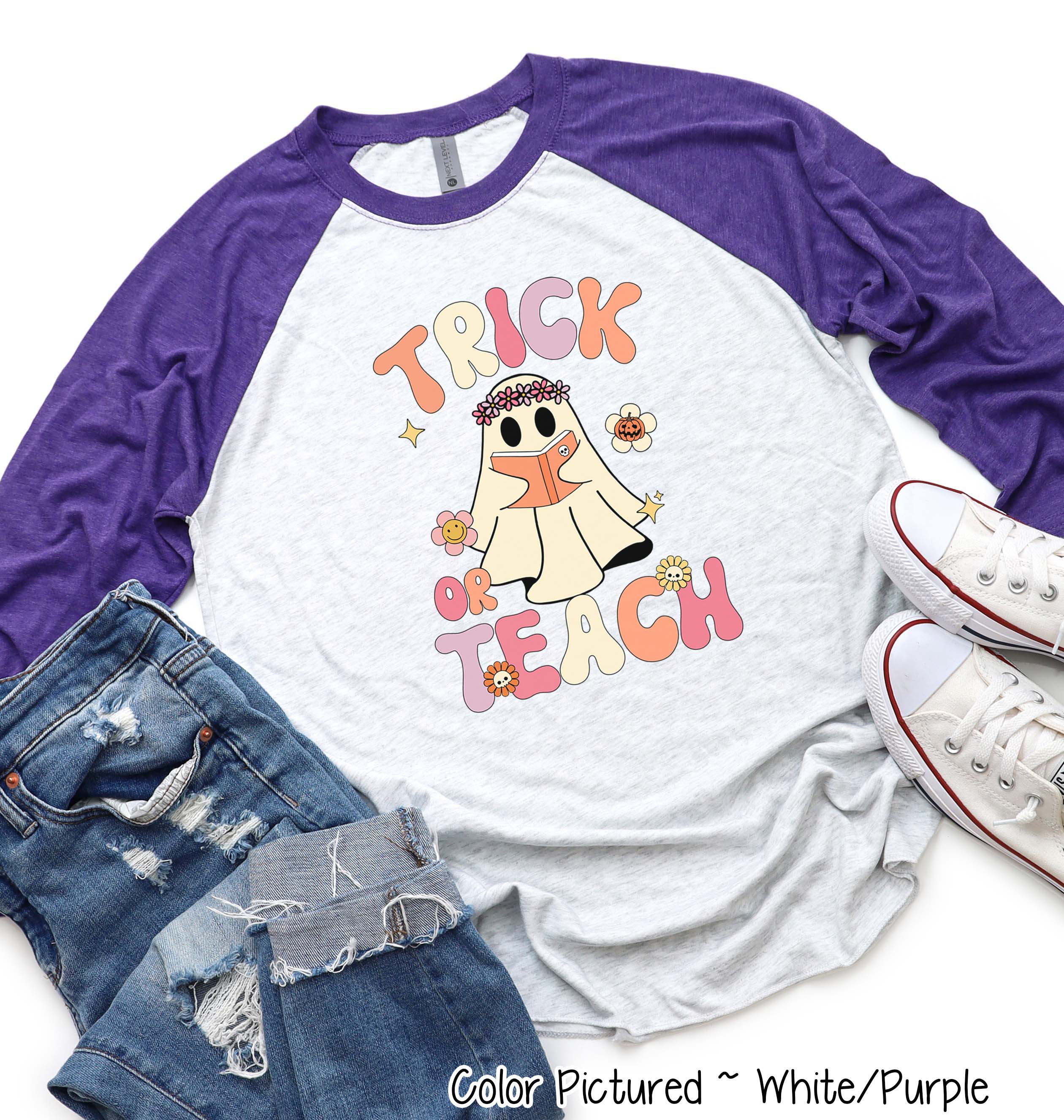 Trick or Teach Teacher Halloween Raglan Tee