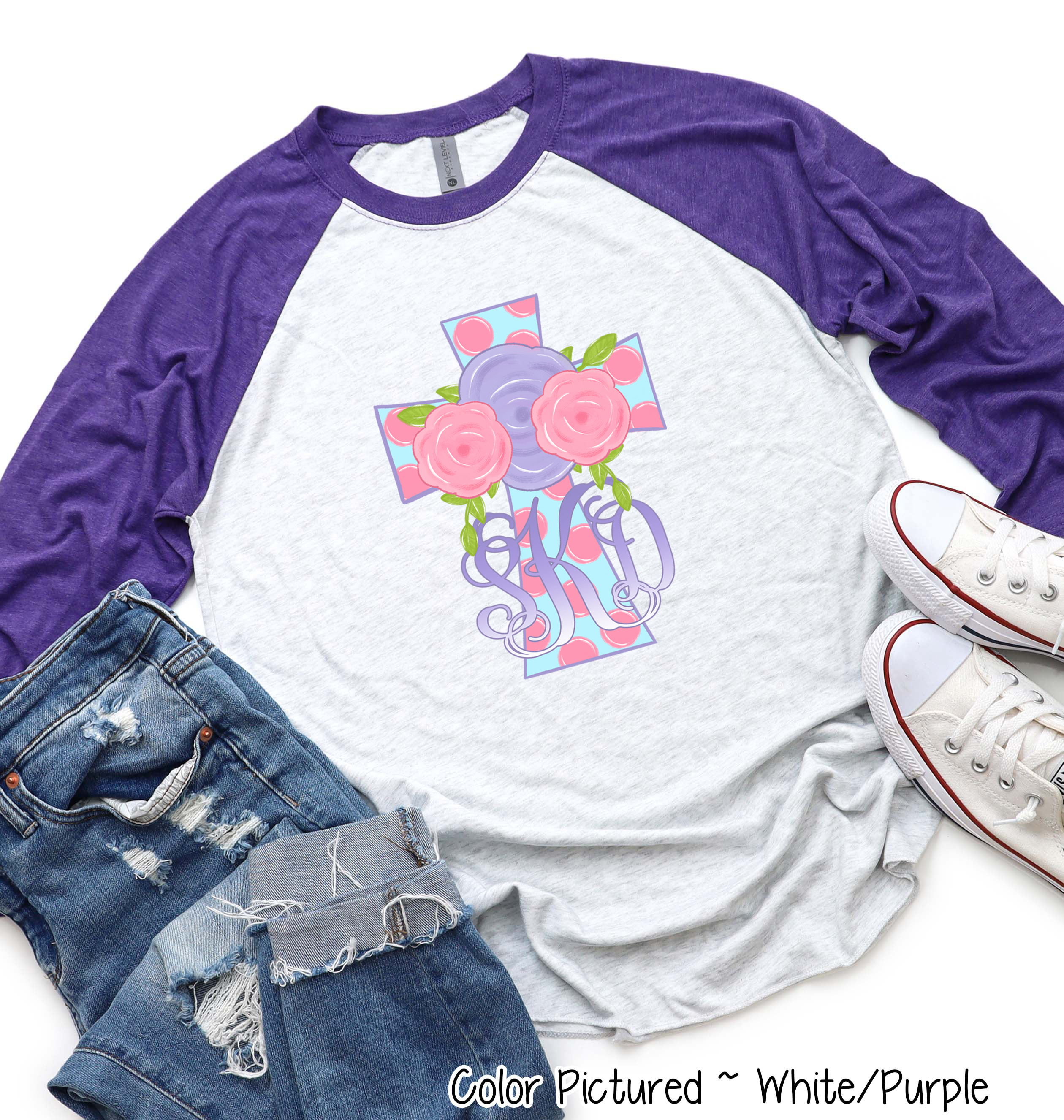 Monogram Pink Polka Dot Easter Cross Raglan Tee