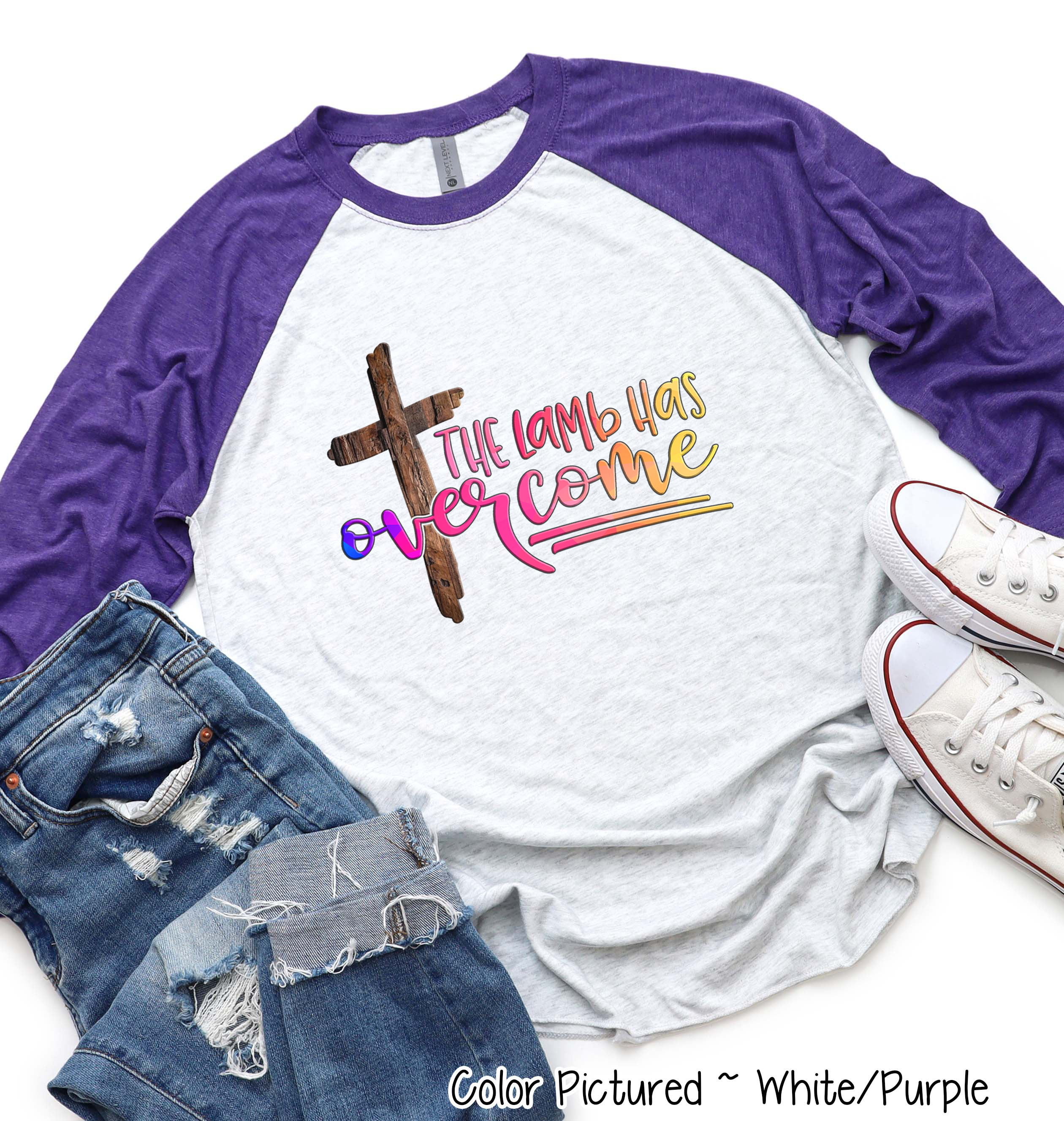 The Lamb has Overcome Cross Raglan Tee