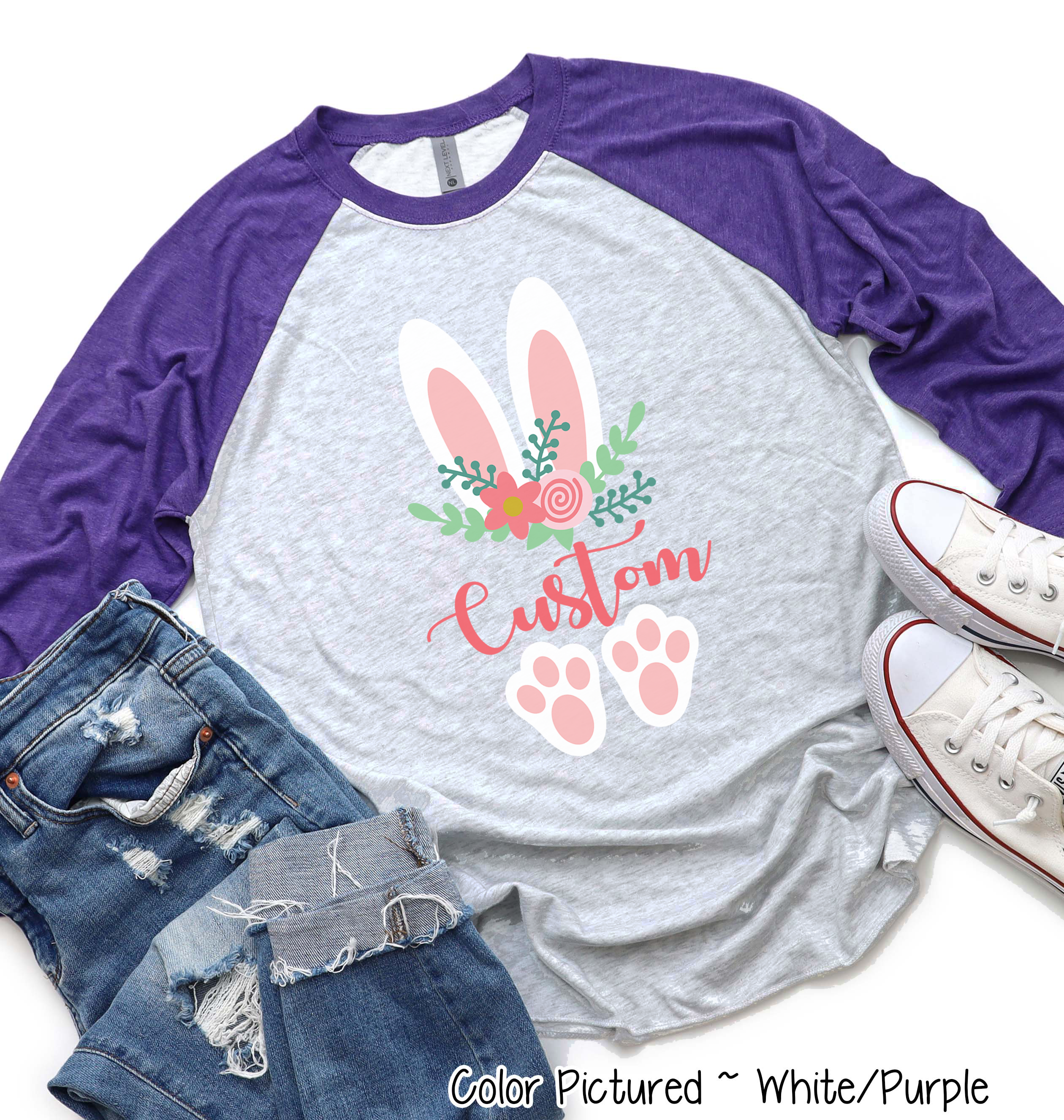 Floral Bunny Ears & Feet with Custom Name Easter Raglan Tee