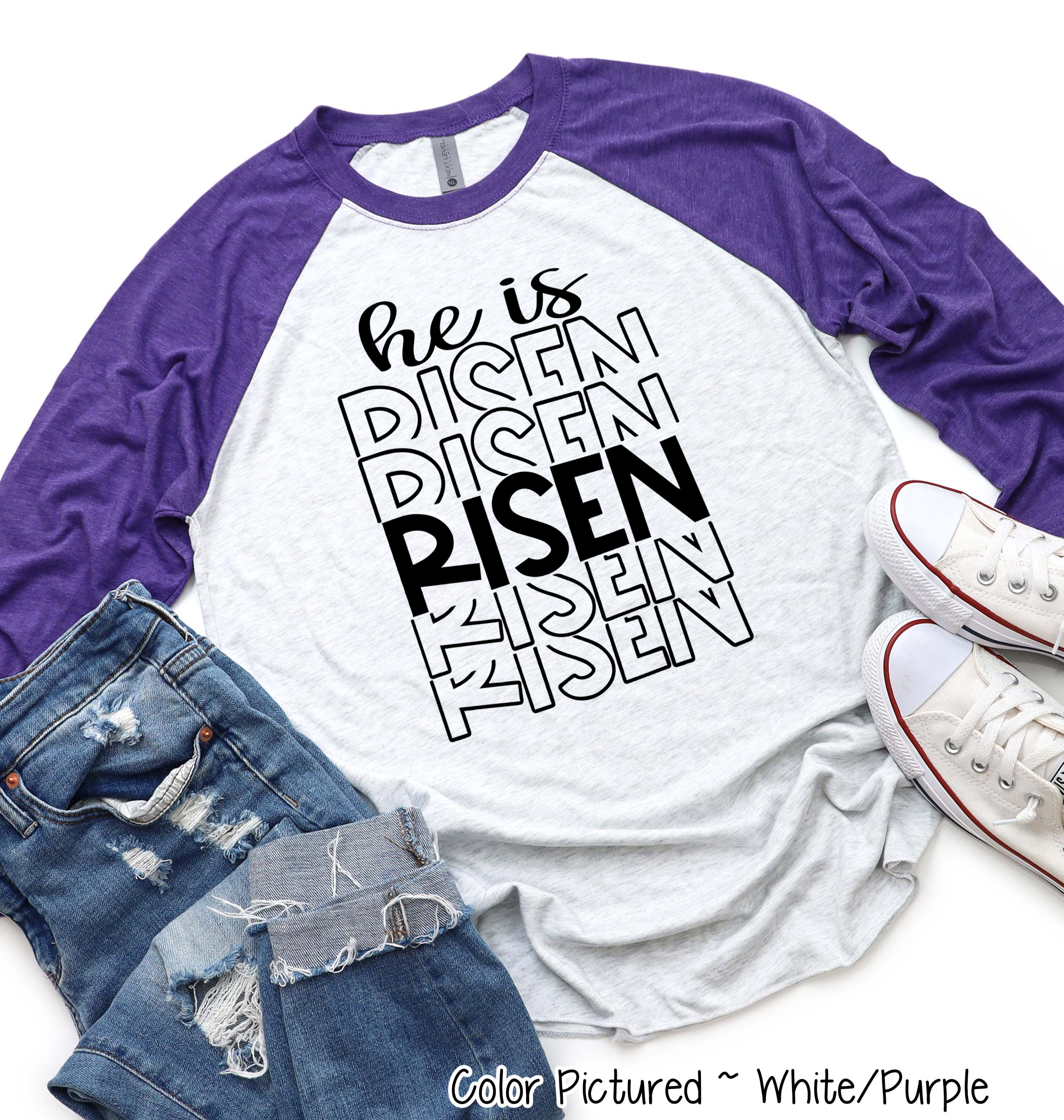 He Is Risen Mirror Print Christian Easter Raglan Tee