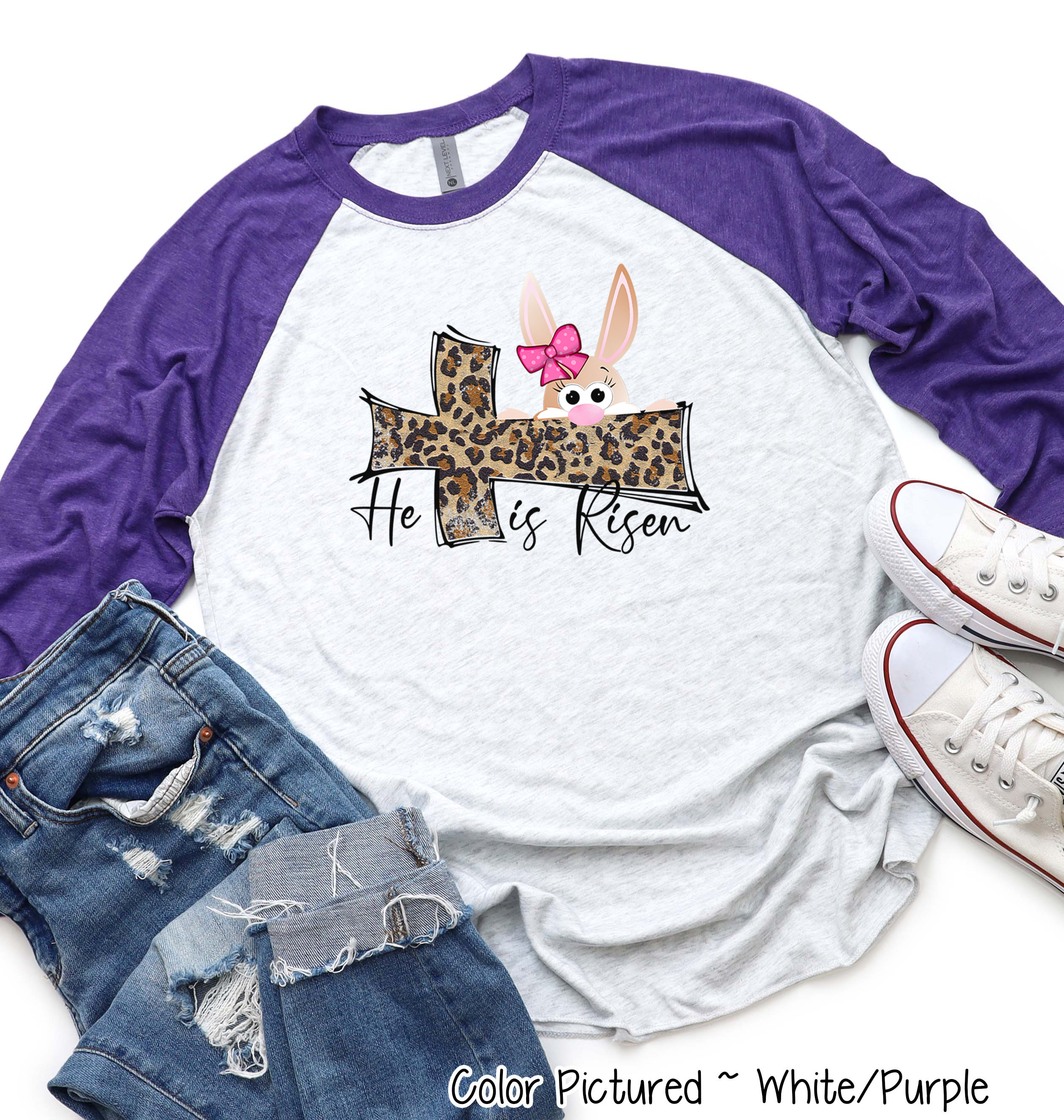Risen Leopard Cross Easter Bunny Raglan Tee