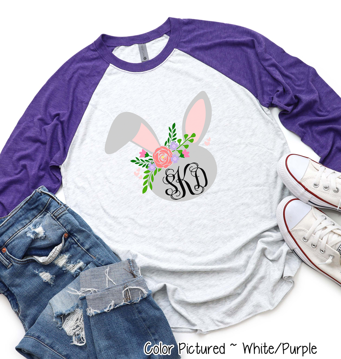 Monogram Floral Bunny Head Easter Raglan Tee