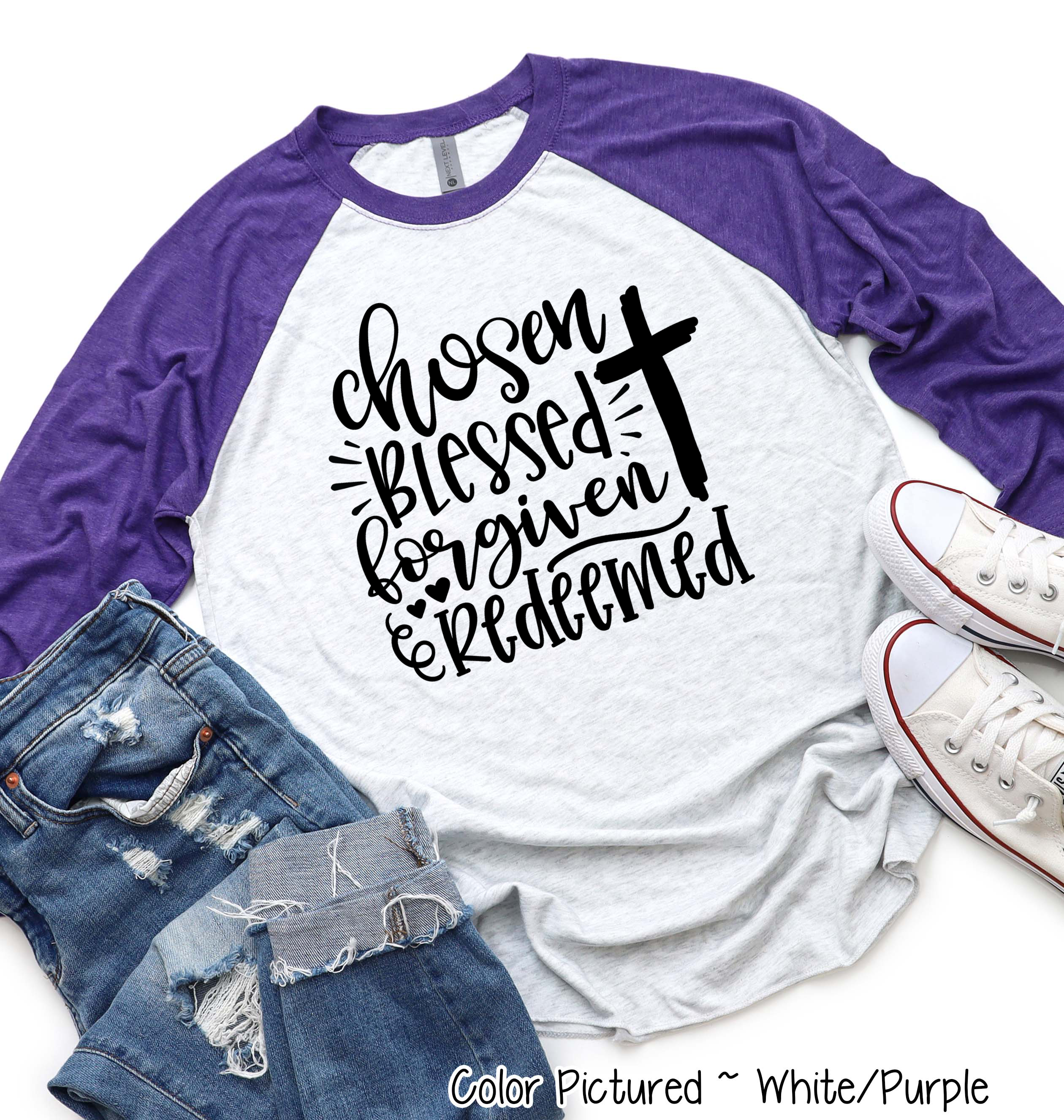 Chosen, Blessed, Forgiven, Redeemed Cross Raglan Tee