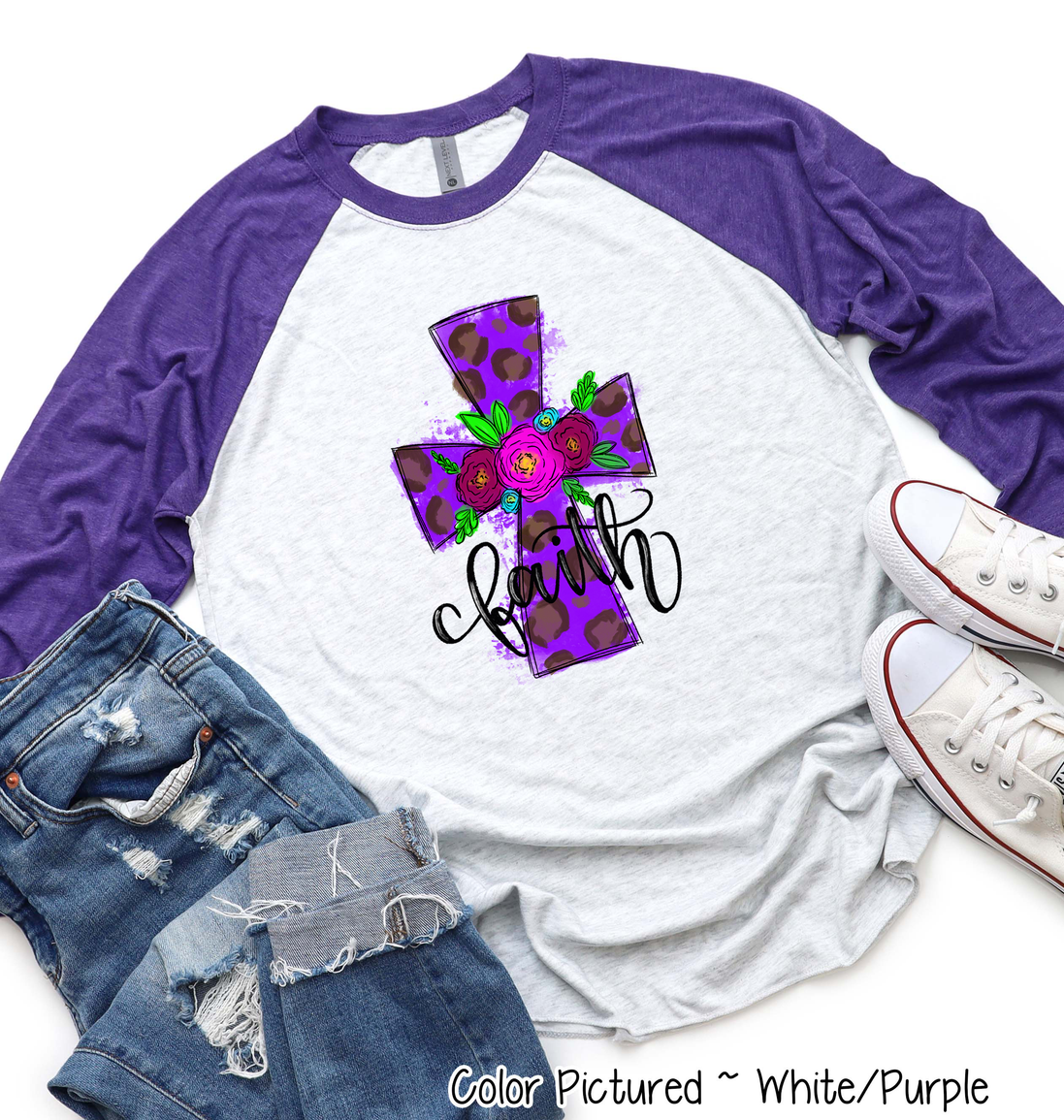 Purple Leopard Watercolor Faith Cross Easter Raglan Tee