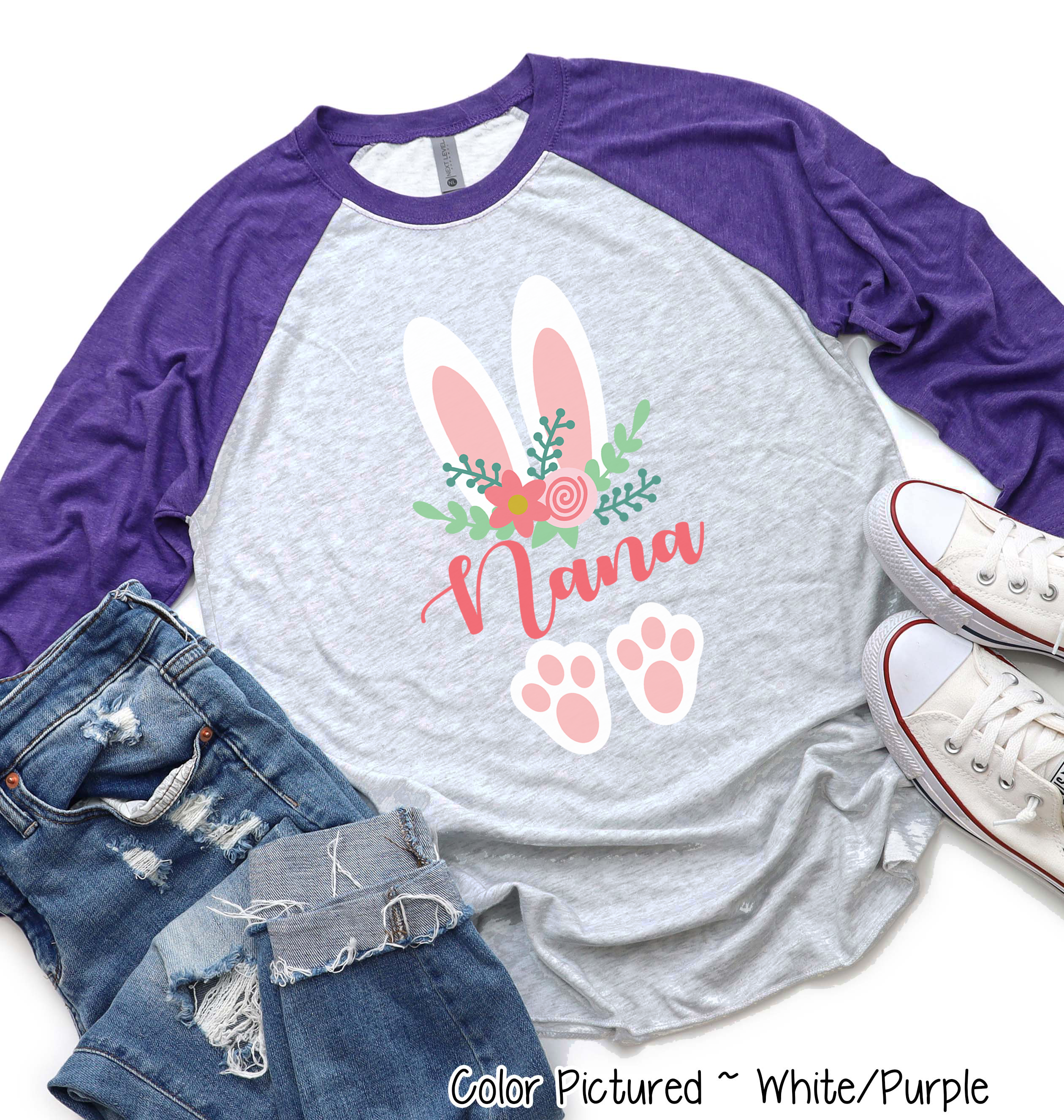 Floral Bunny Ears & Feet with Nana Easter Raglan Tee