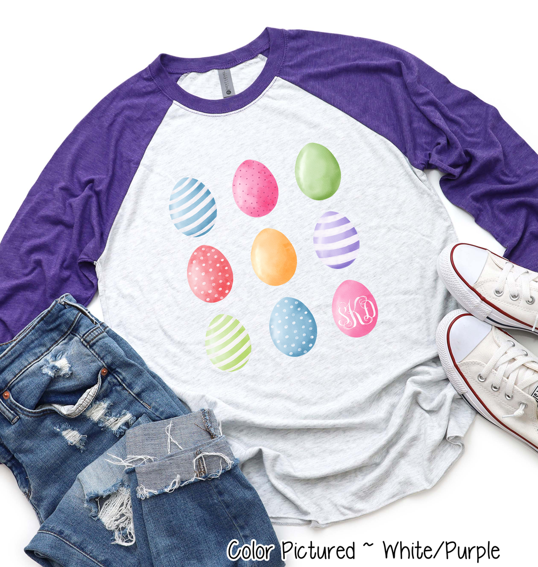 Monogram Watercolor Easter Eggs Raglan Tee