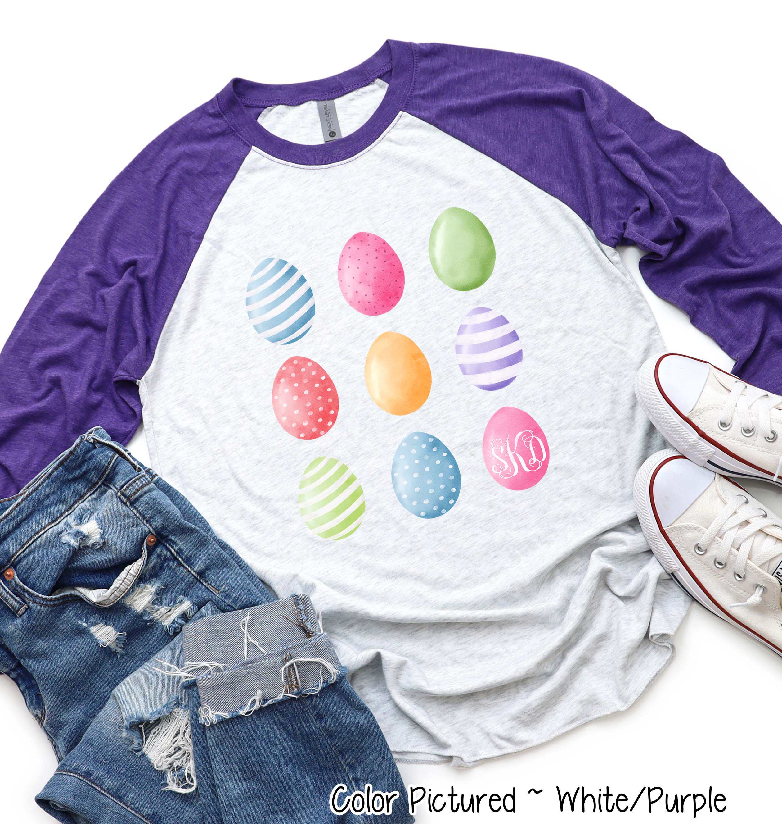 Monogram Watercolor Easter Eggs Raglan Tee