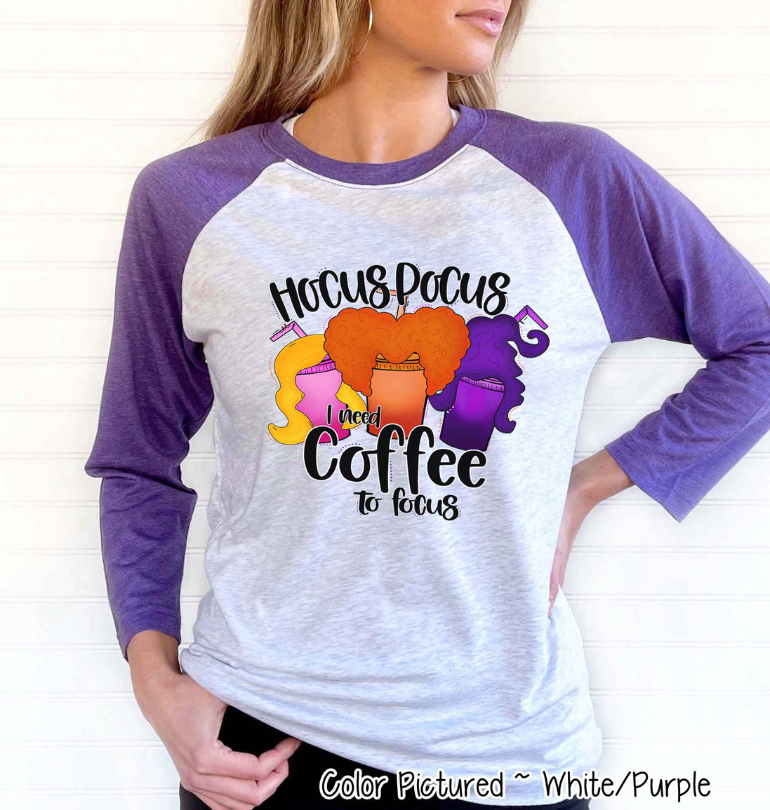 Hocus Pocus I Need Coffee to Focus Funny Halloween Raglan Tee