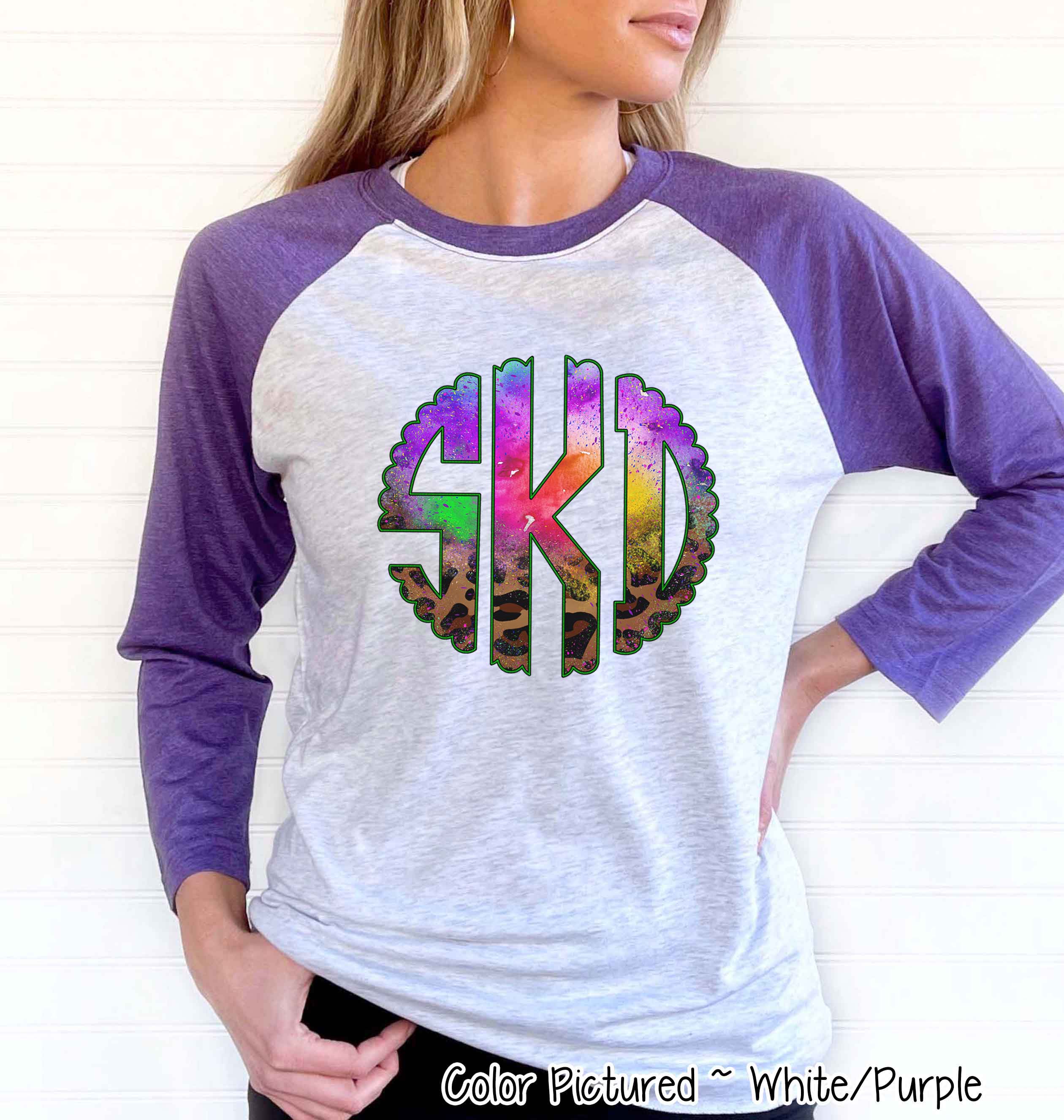 Big Monogram Watercolor & Leopard Halloween Raglan Tee