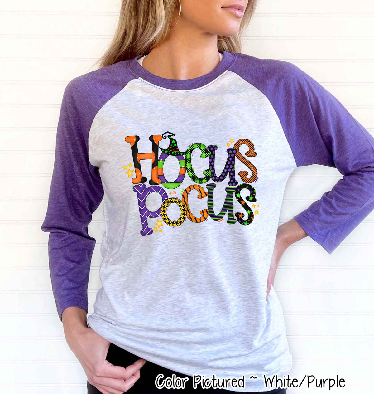Hocus Pocus Doodle Letter Halloween Raglan Tee