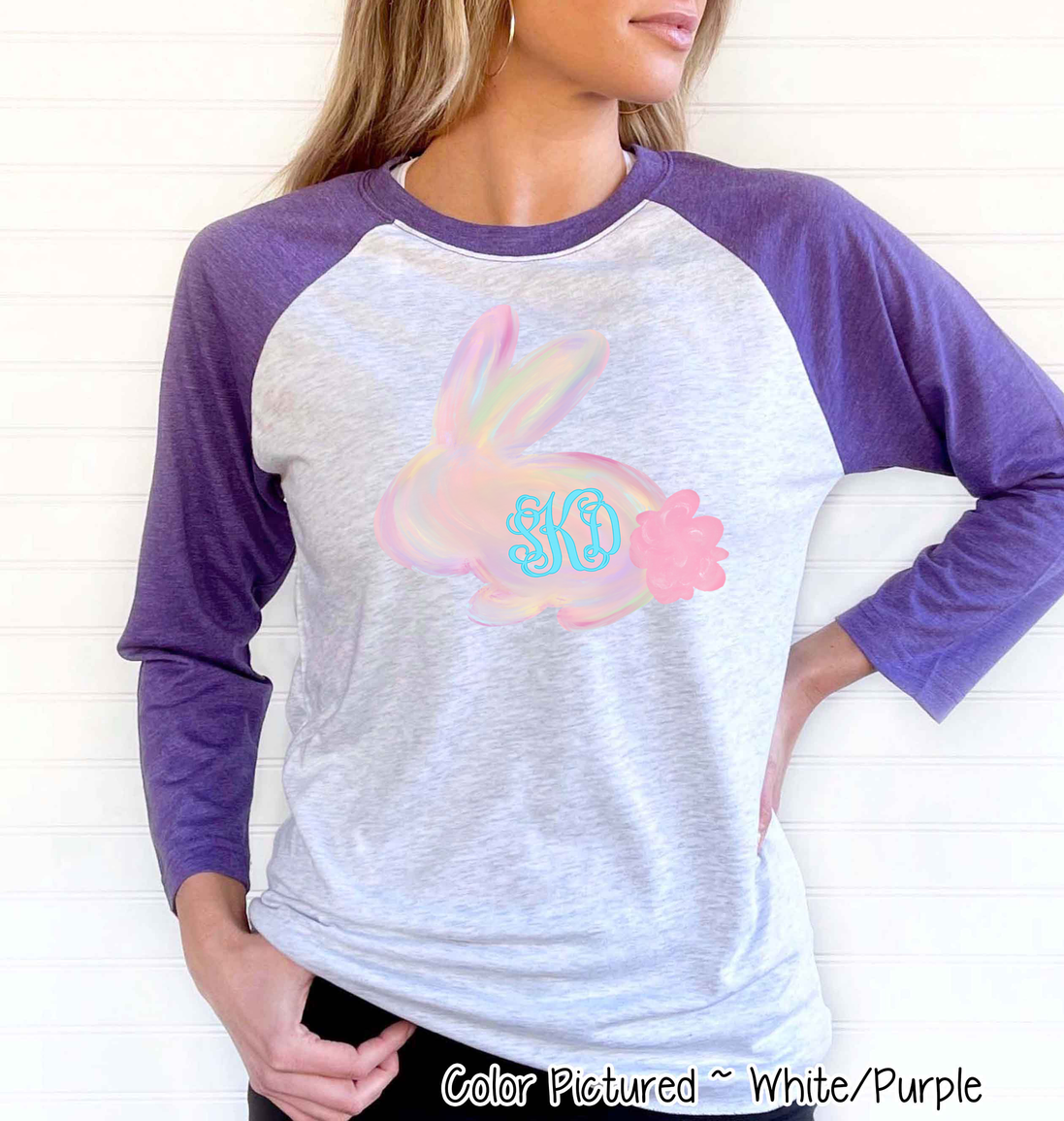 Monogram Watercolor Bunny Easter Raglan Tee