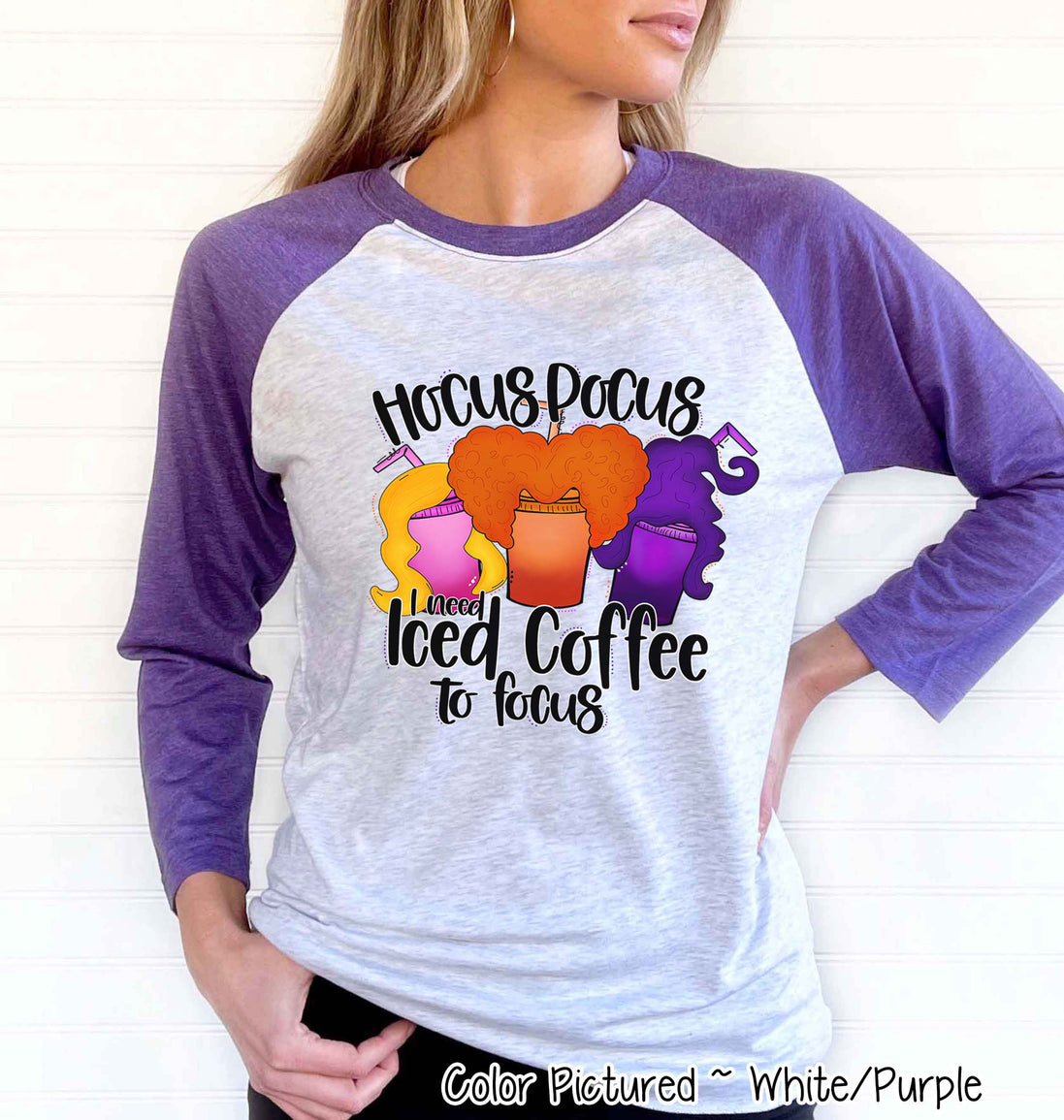 Hocus Pocus I Need Iced Coffee to Focus Halloween Raglan Tee