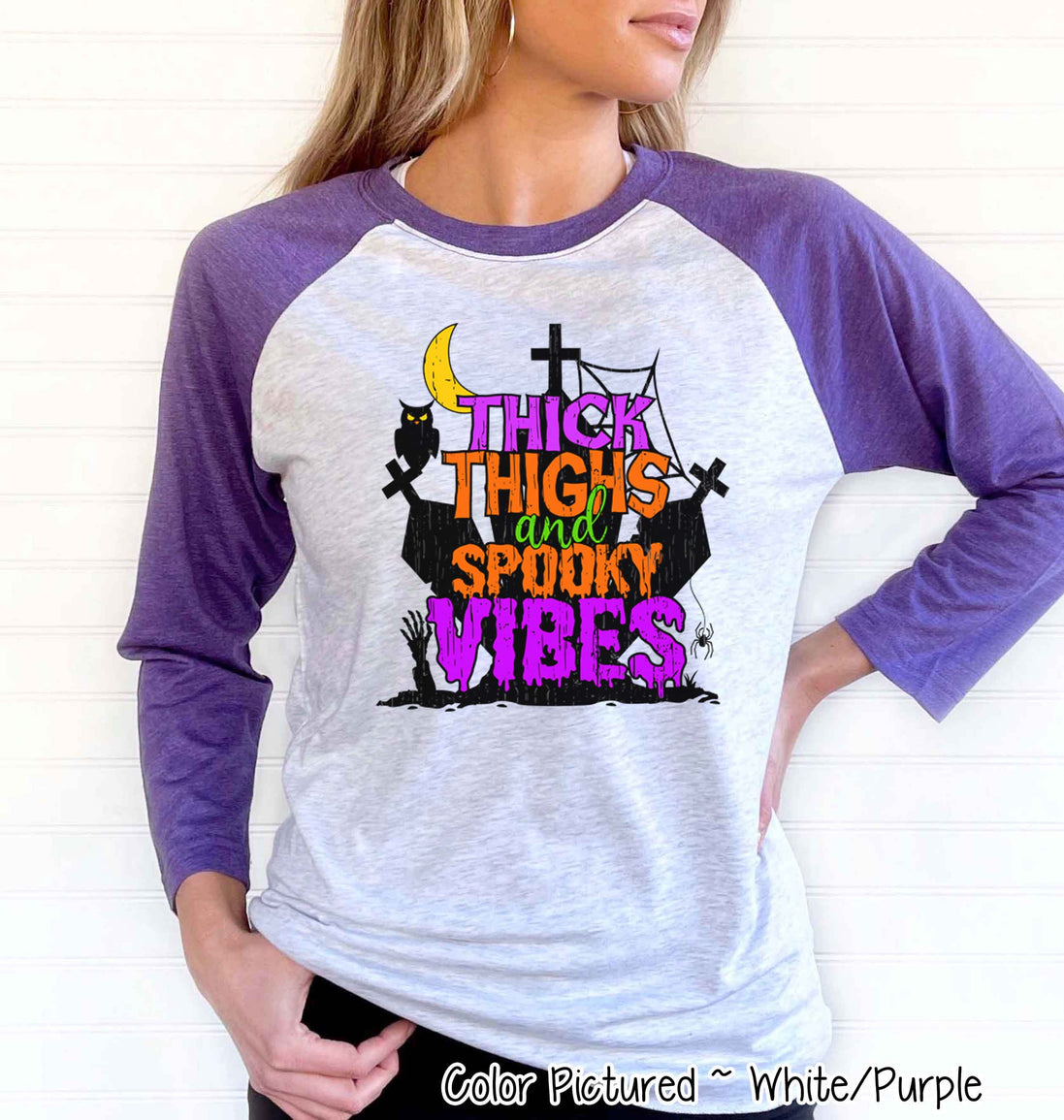 Thick Thighs and Spooky Vibes Halloween Raglan Tee