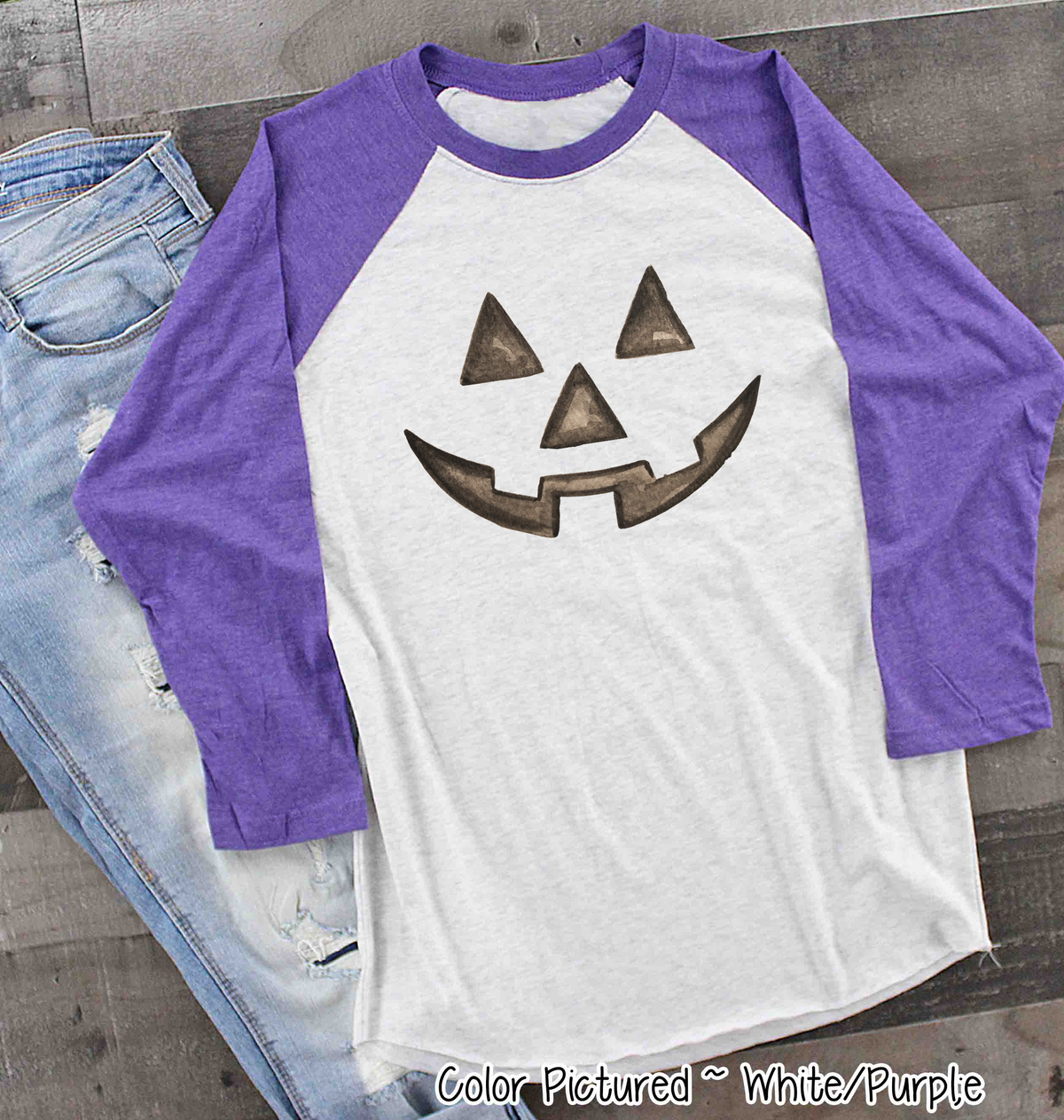 Watercolor Jack O Lantern Pumpkin Face Raglan Shirt