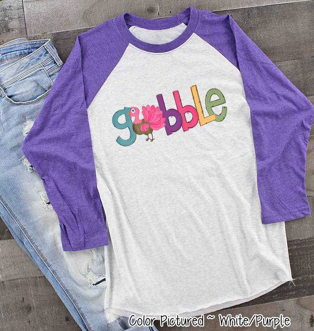 Pink, Purple, Turquoise Gobble with Turkey Raglan Tee