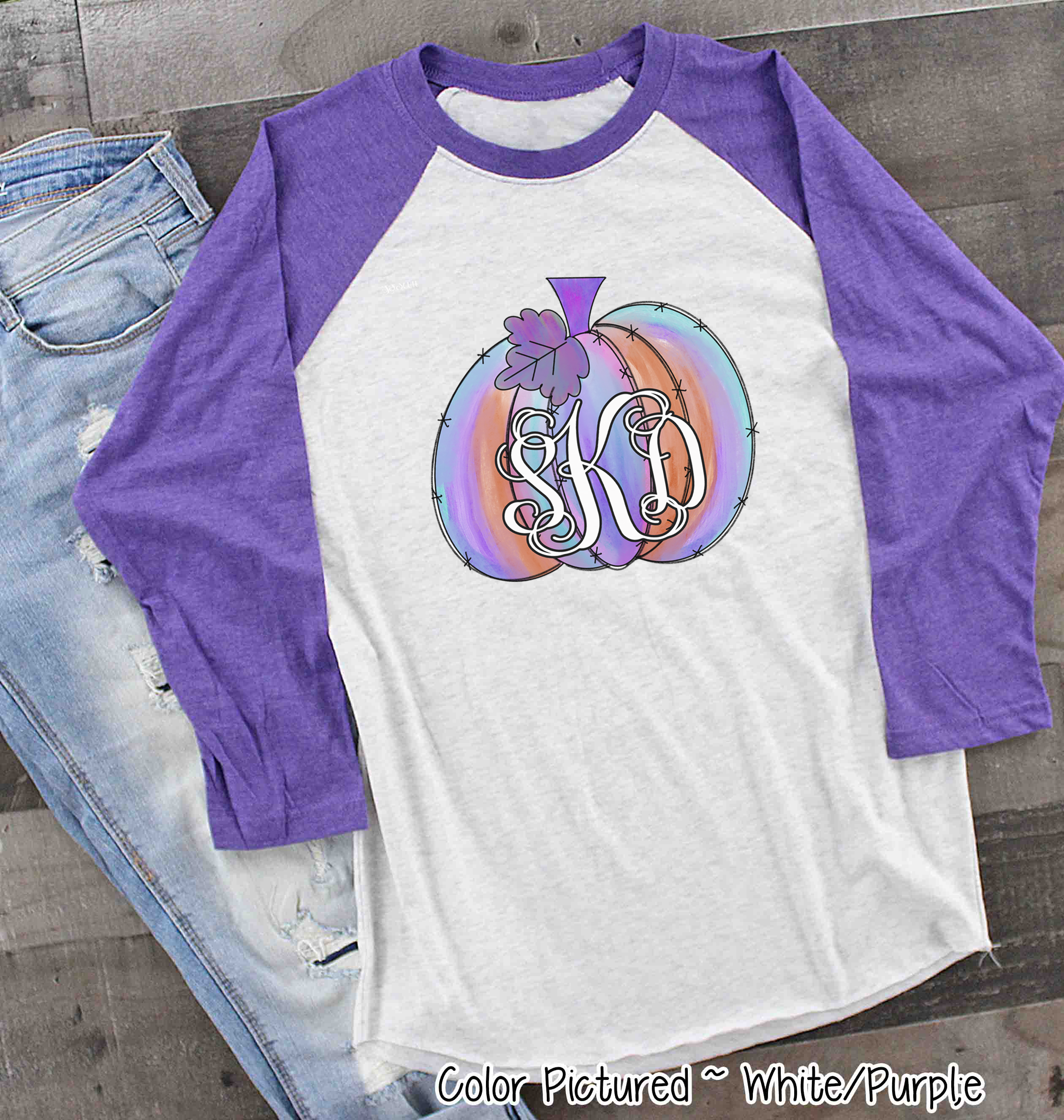 Purple Watercolor Monogram Pumpkin Raglan Tee