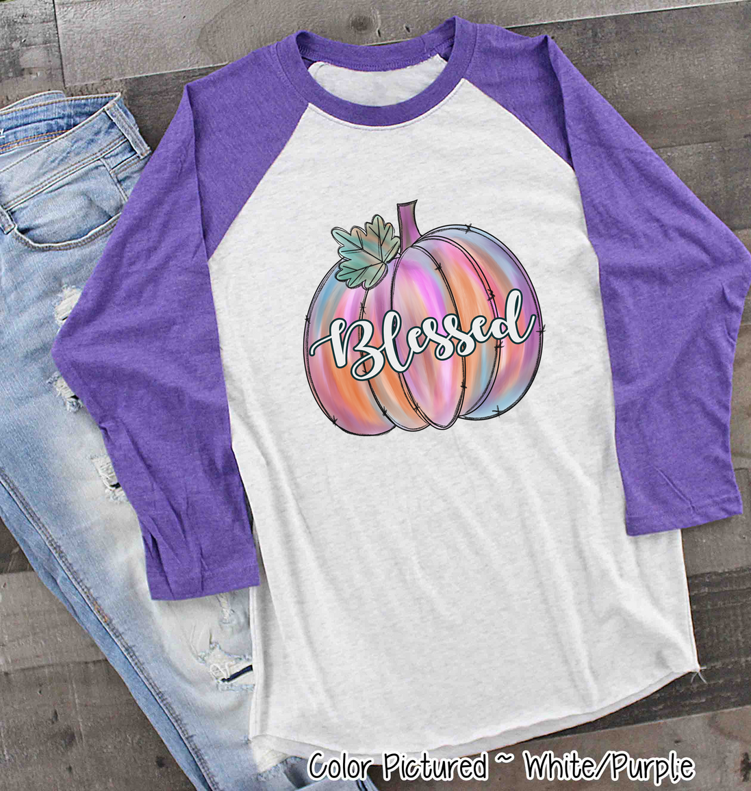 Pink Watercolor Blessed Pumpkin Raglan Tee