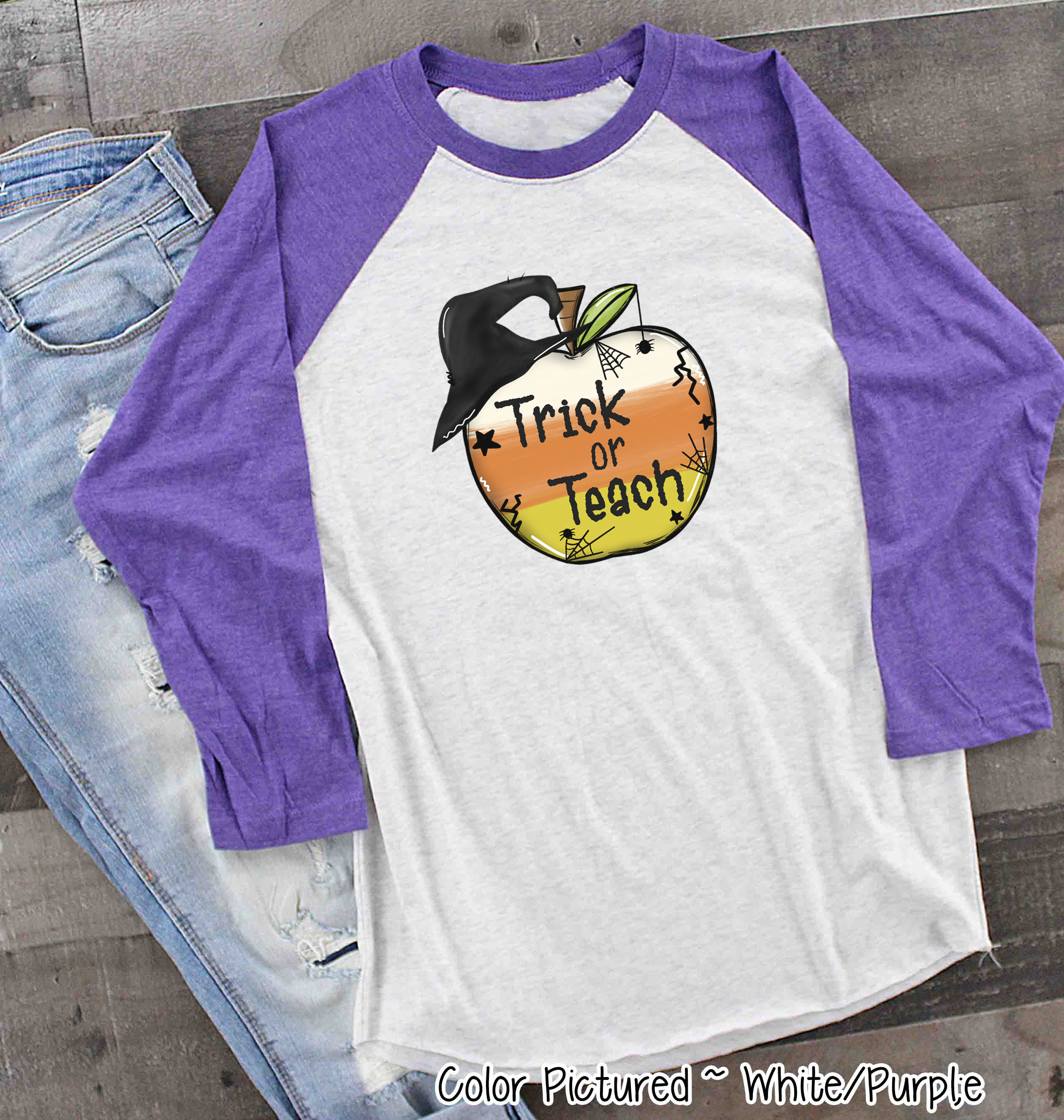 Trick or Teach Candy Corn Apple Halloween Teacher Raglan Shirt