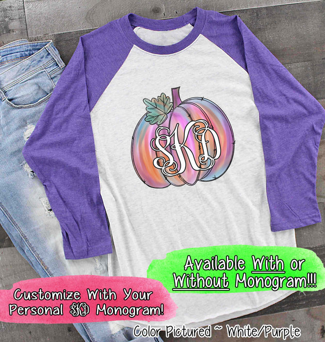 Pink Watercolor Monogram Pumpkin Raglan Tee