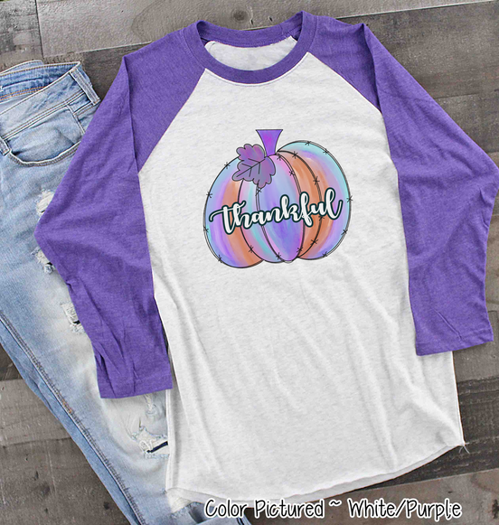 Purple Watercolor Thankful Pumpkin Raglan Tee