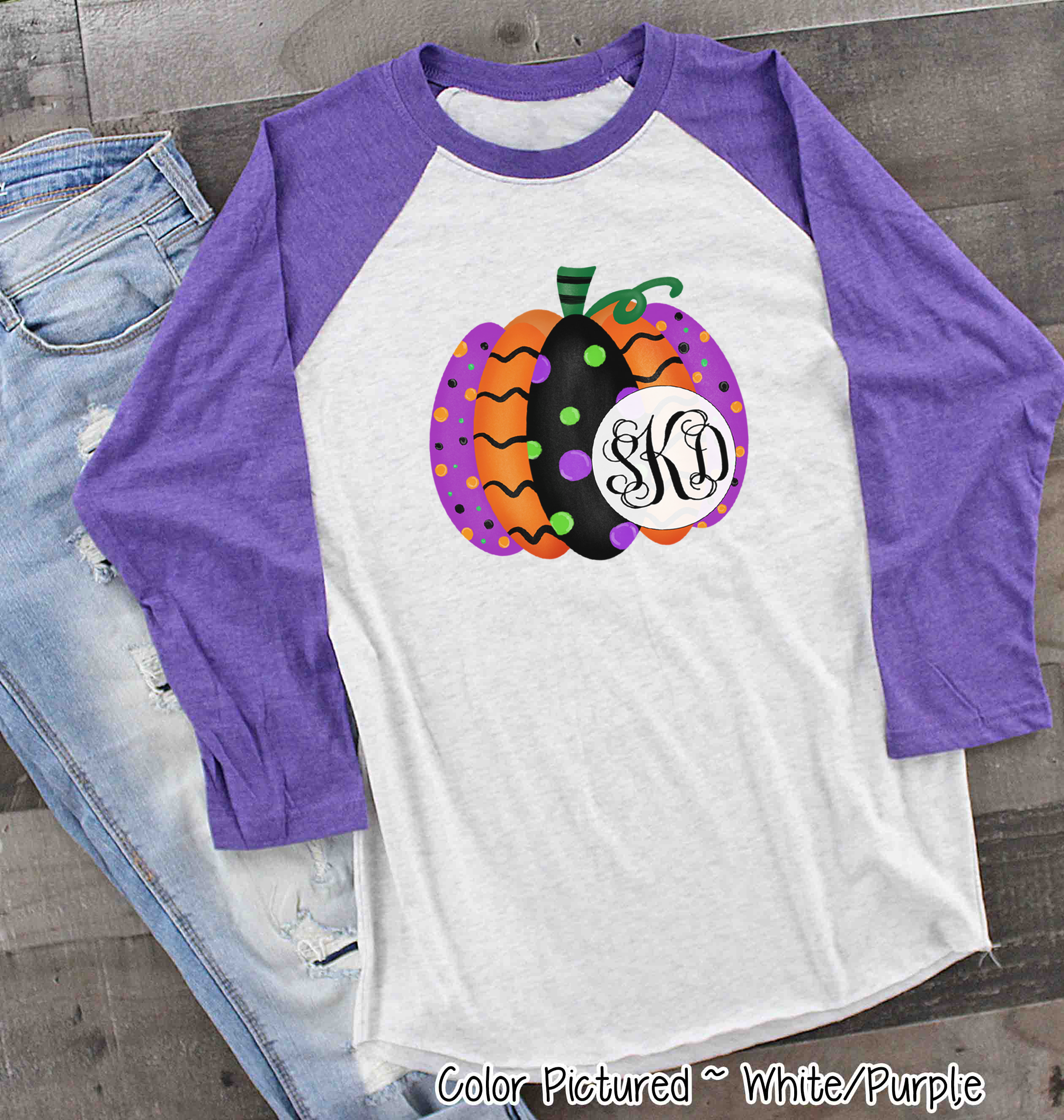 Monogrammed Colorful Halloween Pumpkin Raglan Shirt