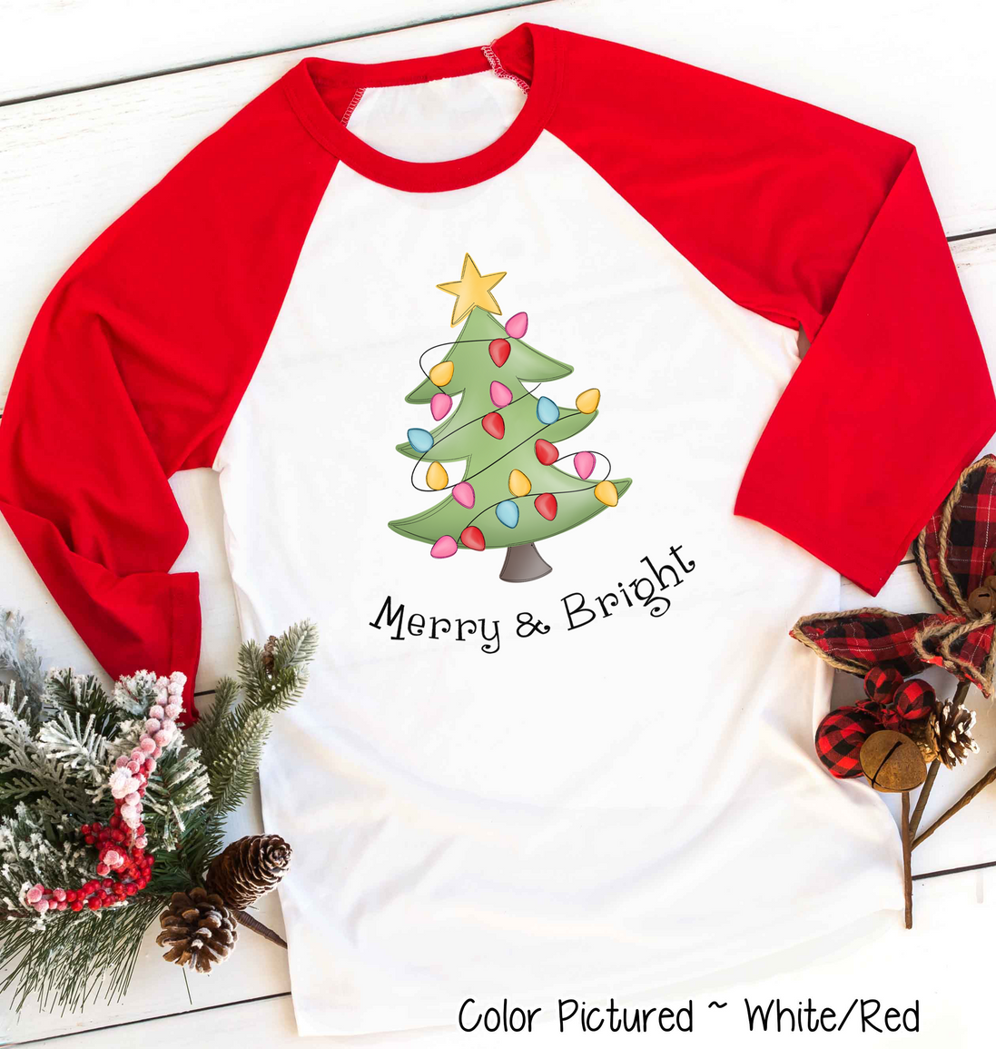 Merry & Bright Christmas Tree Raglan Tee