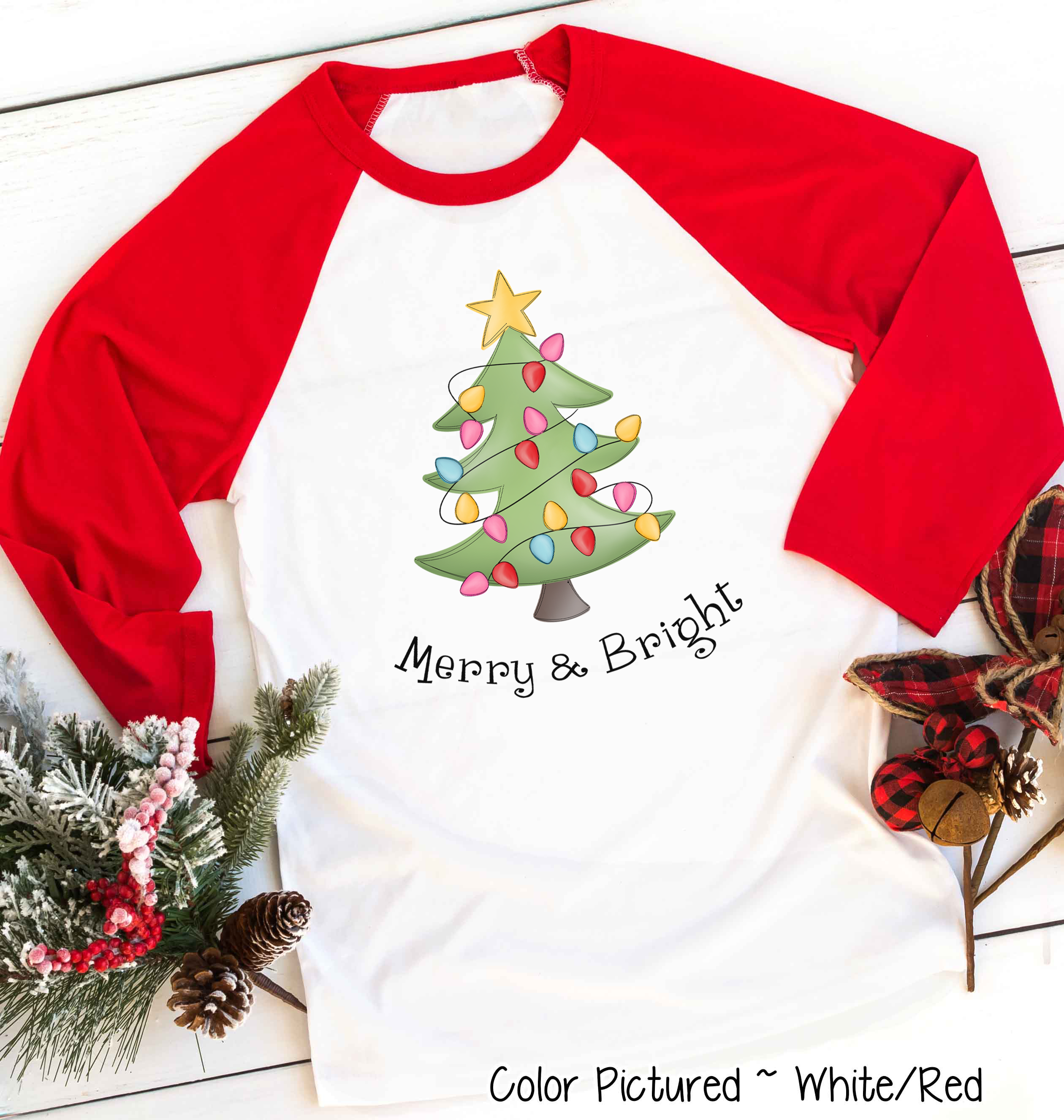 Merry & Bright Christmas Tree Raglan Tee