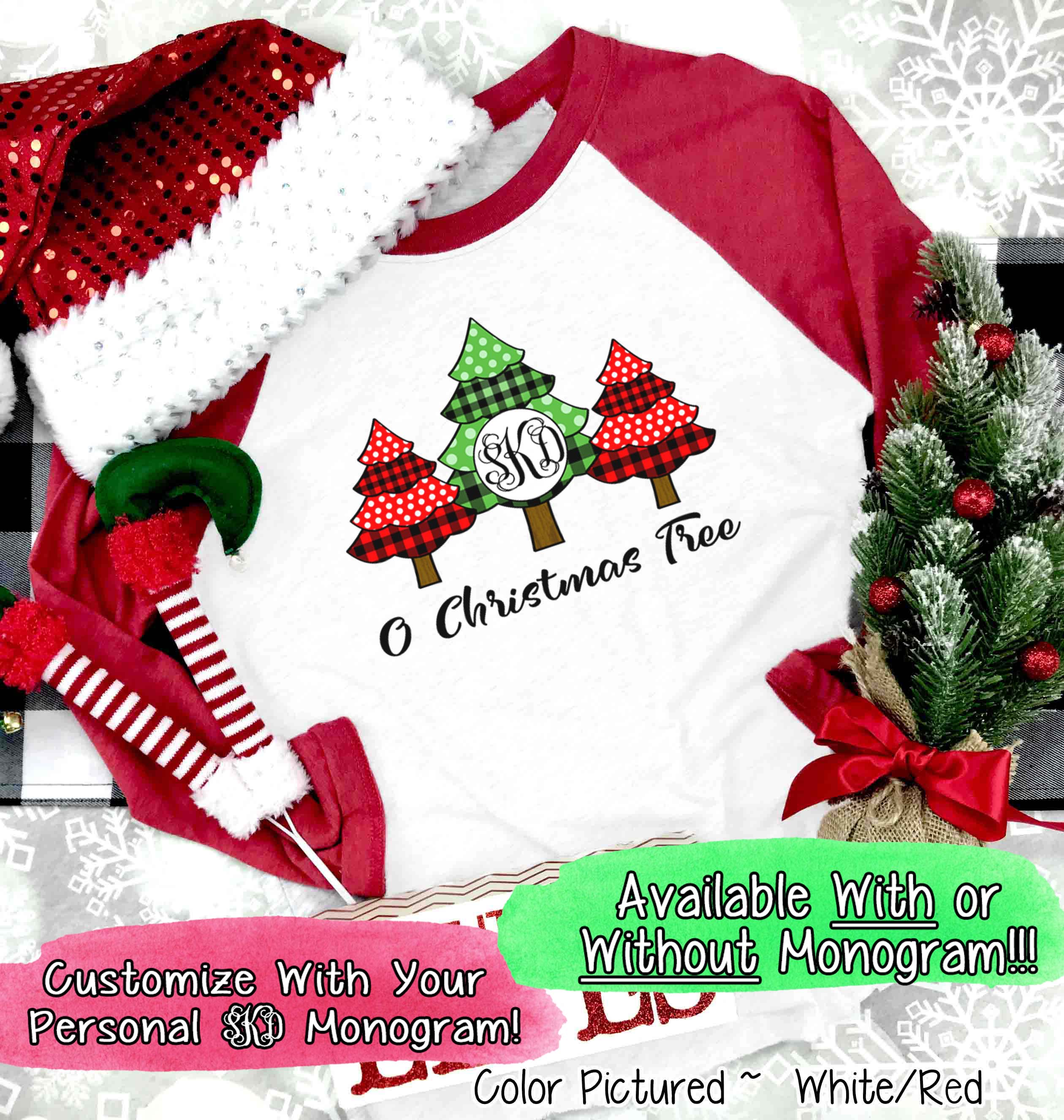 Monogrammed Red Green Plaid Christmas Tree Trio Tee