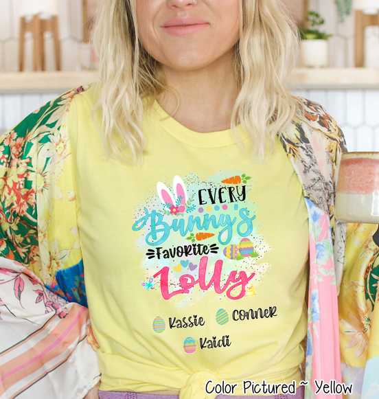 Personalized Shirt For Lolly Every Bunny's Favorite & Easter Eggs with Custom Grandkids Name Easter Day Tee