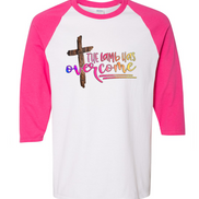 The Lamb has Overcome Cross Raglan Tee