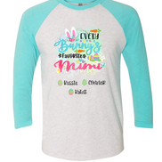 Personalized Shirt For Mimi Every Bunny's Favorite & Easter Eggs with Custom Grandkids Name Easter Day Raglan Tee