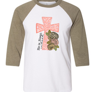 He Is Risen Pink Leopard Cross Easter Raglan Tee