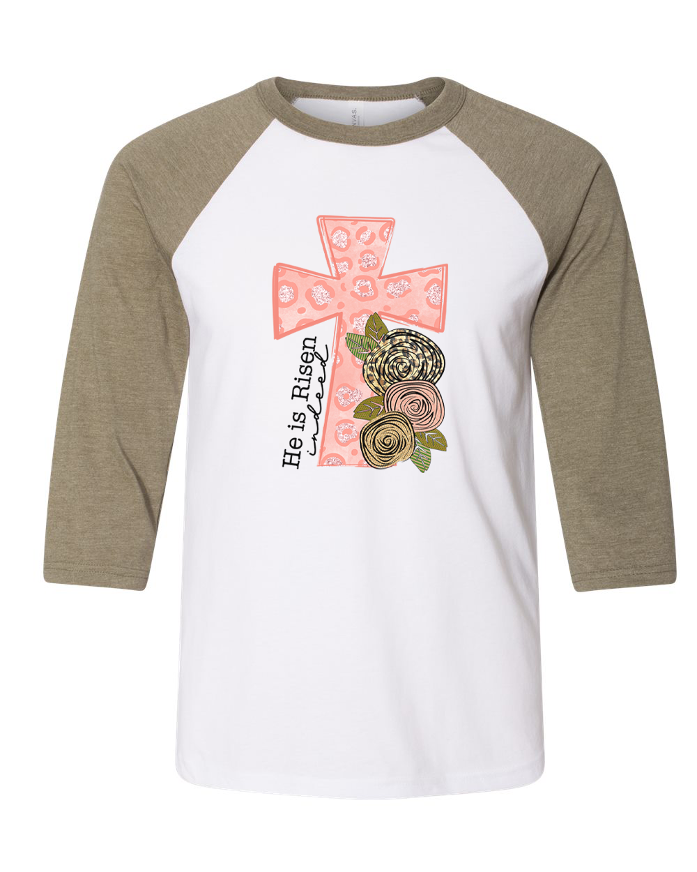 He Is Risen Pink Leopard Cross Easter Raglan Tee
