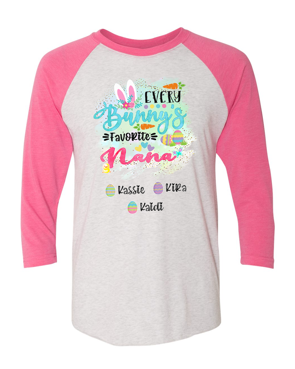 Personalized Shirt For Nana Every Bunny's Favorite & Easter Eggs with Custom Grandkids Name Easter Day Raglan Tee