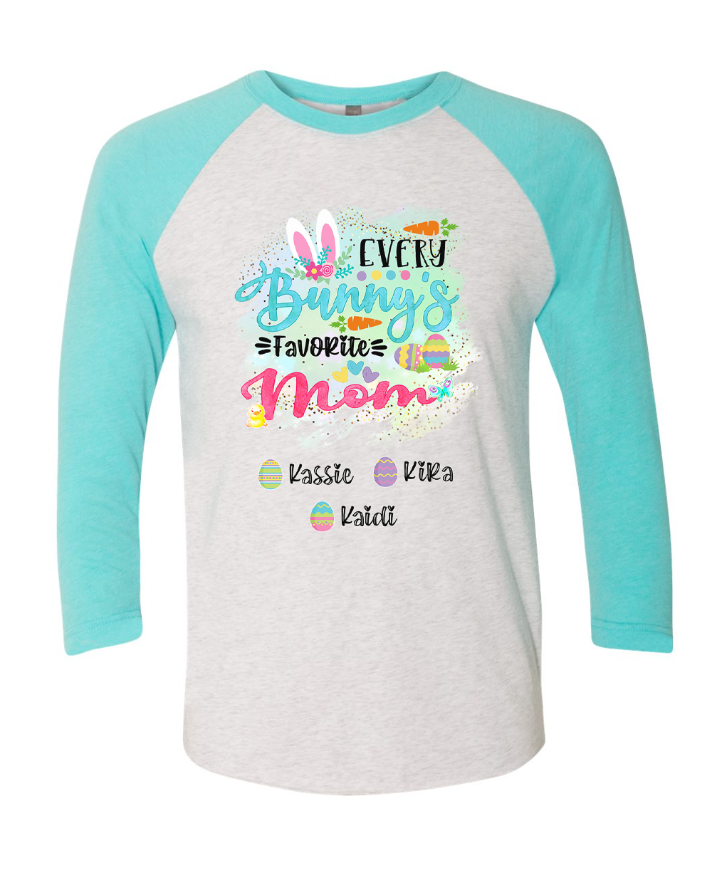 Personalized Shirt For Mom Every Bunny's Favorite & Easter Eggs with Custom Kids Name Easter Day Raglan Tee