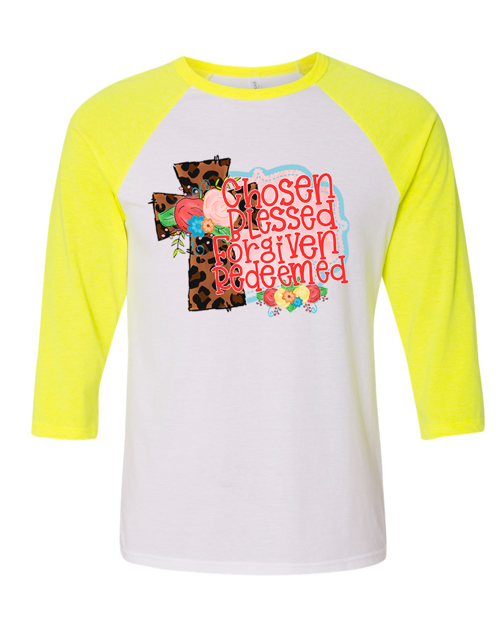 Leopard Cross Chosen Blessed Forgiven Redeemed Raglan Tee