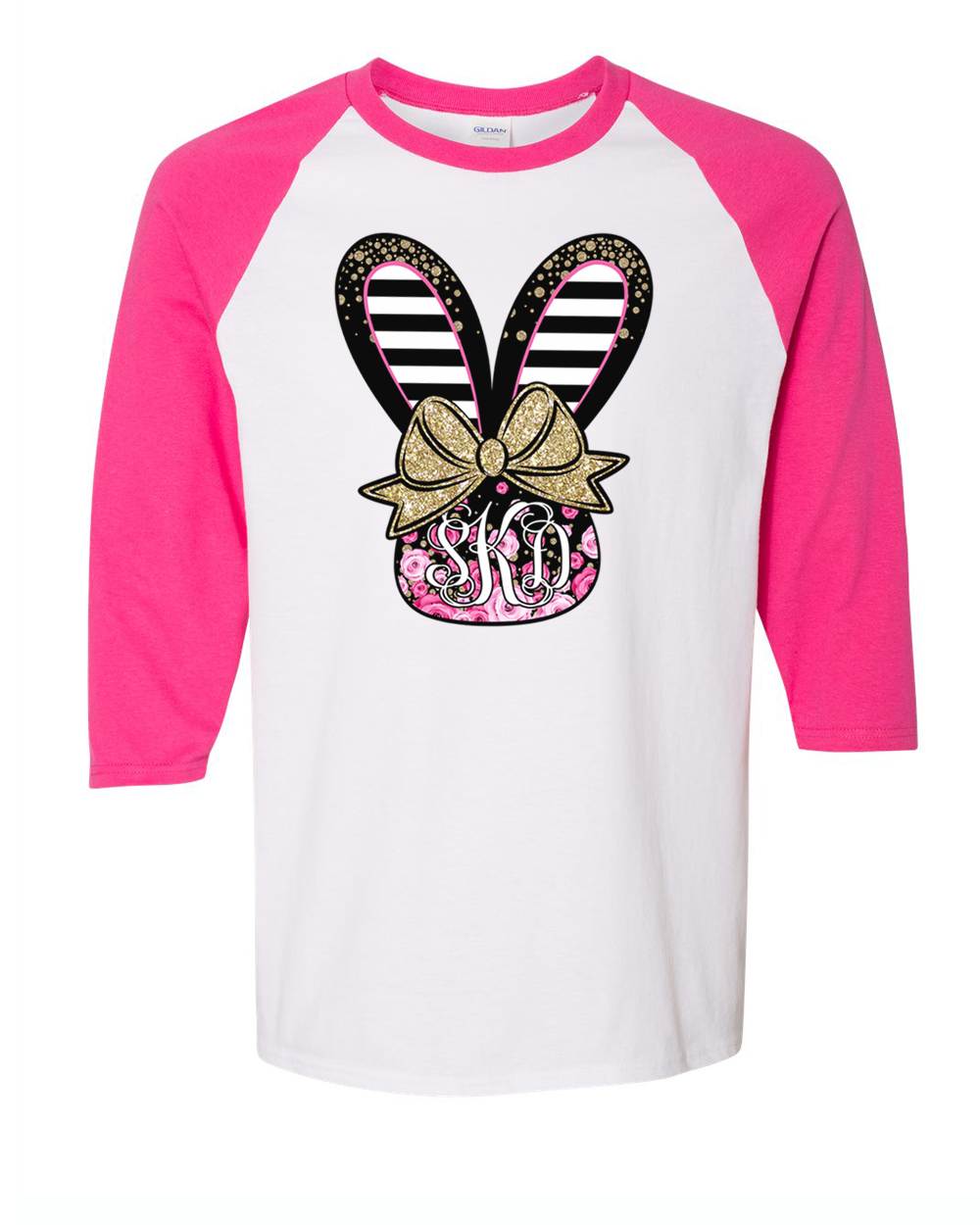 Monogram Black and Rose Bunny Head Easter Raglan Tee