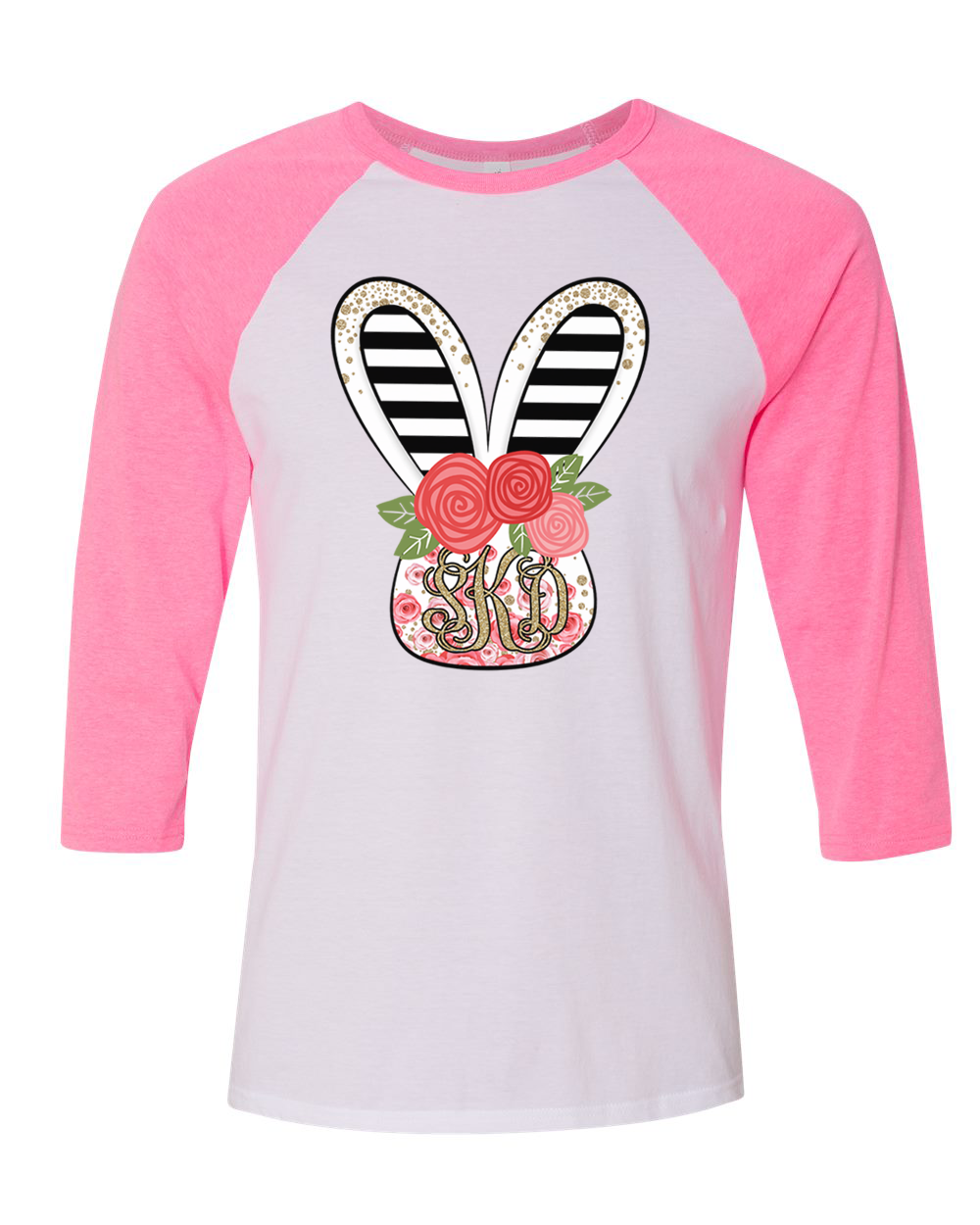 Monogram Rose and Black Bunny Head Easter Raglan Tee