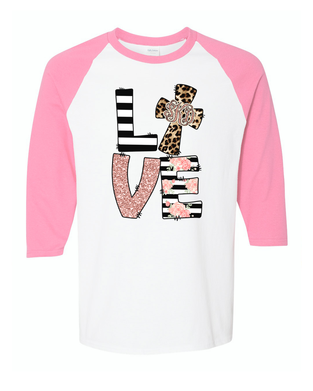 Monogram Leopard Rose Gold LOVE Cross Raglan Tee