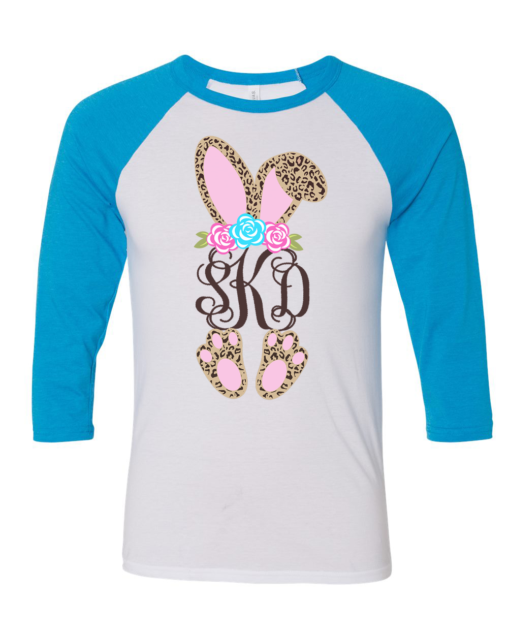 Monogram Cheetah Leopard Print Bunny Ears Easter Raglan Tee