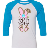 Monogram Cheetah Leopard Print Bunny Ears Easter Raglan Tee