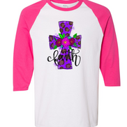 Purple Leopard Watercolor Faith Cross Easter Raglan Tee