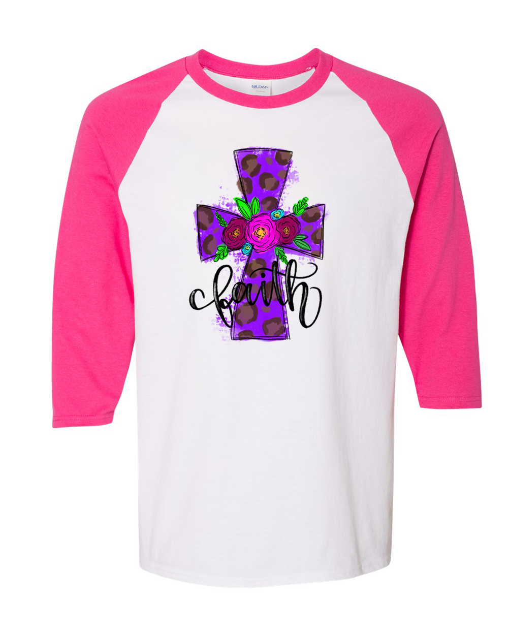 Purple Leopard Watercolor Faith Cross Easter Raglan Tee