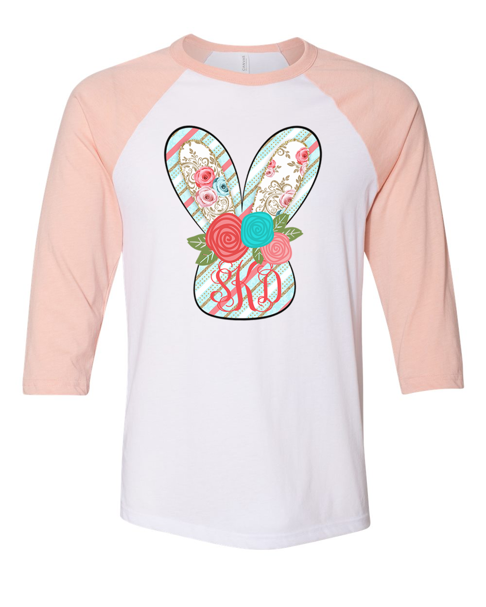 Monogram Blue and Rose Bunny Head Easter Raglan Tee