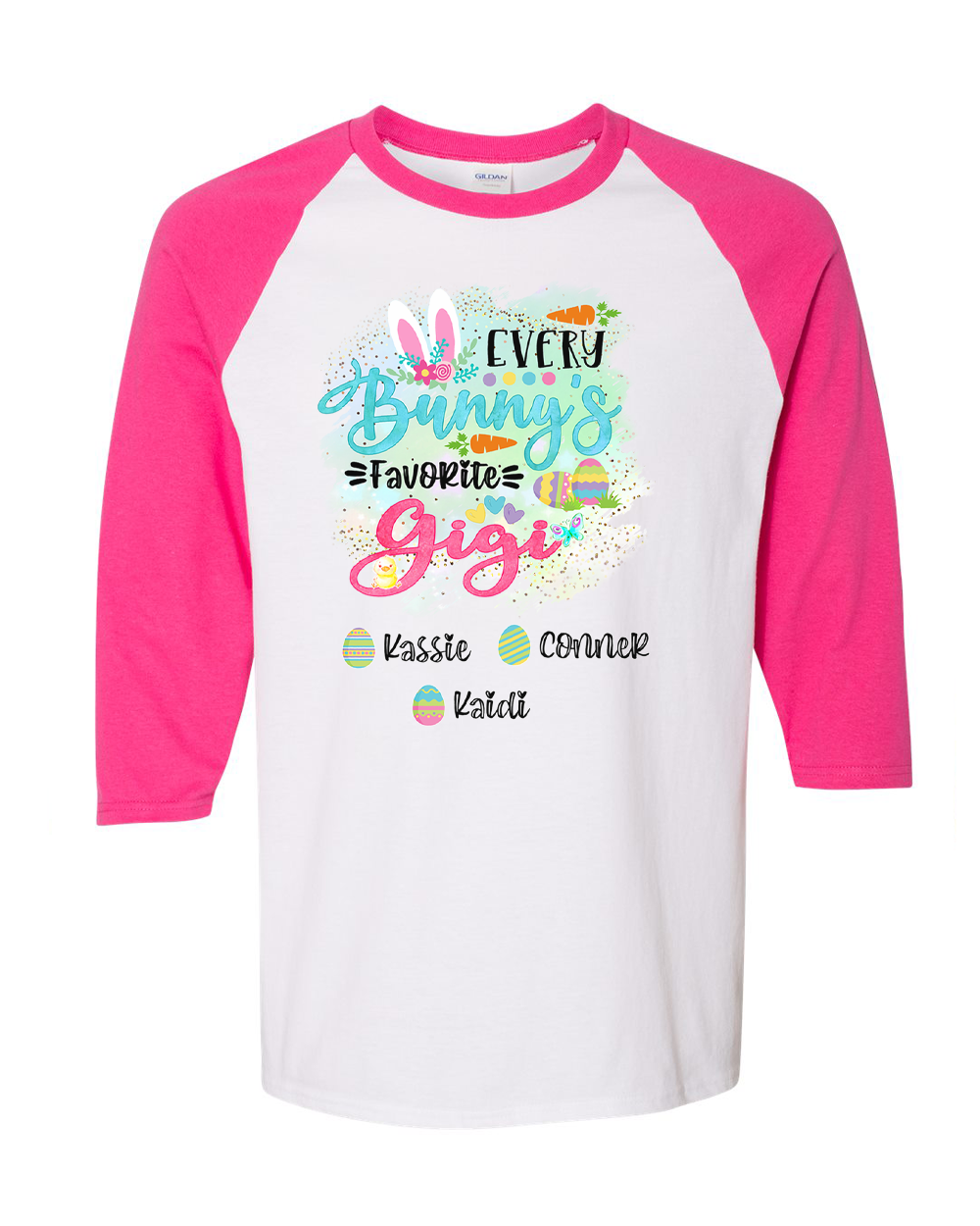 Personalized Shirt For Gigi Every Bunny's Favorite & Easter Eggs with Custom Grandkids Name Easter Day Raglan Tee