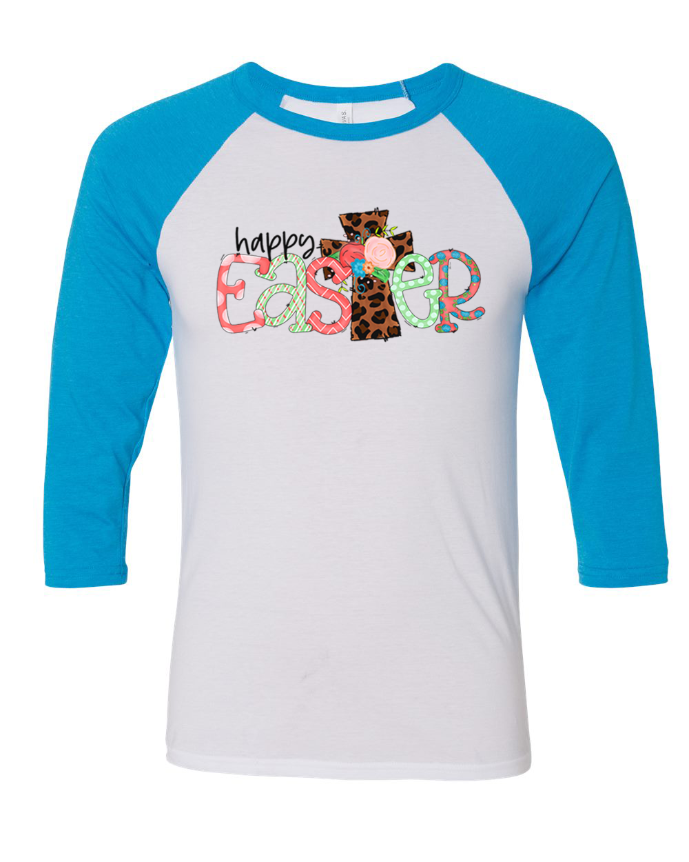 Happy Easter with Leopard Print Cross Raglan Tee