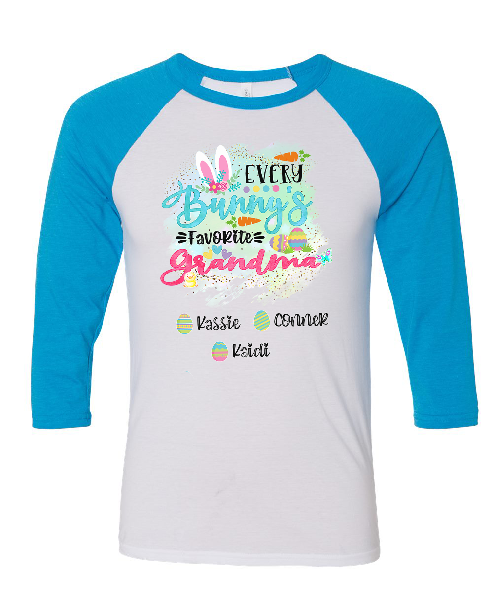 Personalized Shirt For Grandma Every Bunny's Favorite & Easter Eggs with Custom Grandkids Name Easter Day Raglan Tee